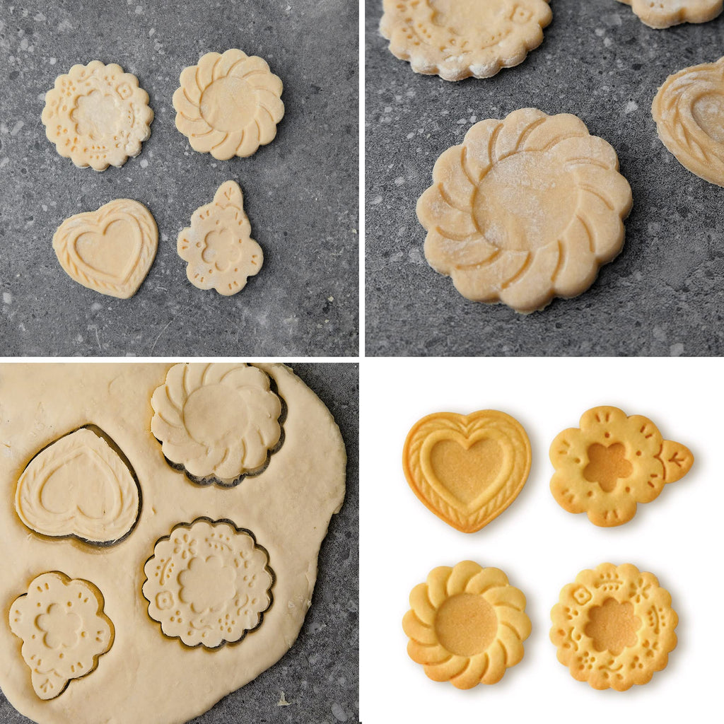 PTSGCAI Cookie Stamps for Baking, 4-Pcs Set with Wooden Handle, 3D Cookie Press Molds for Christmas, Holiday & Party, Perfect for Shortbread, Fondant & Cake Decoration - Flower & Leaf Patterns