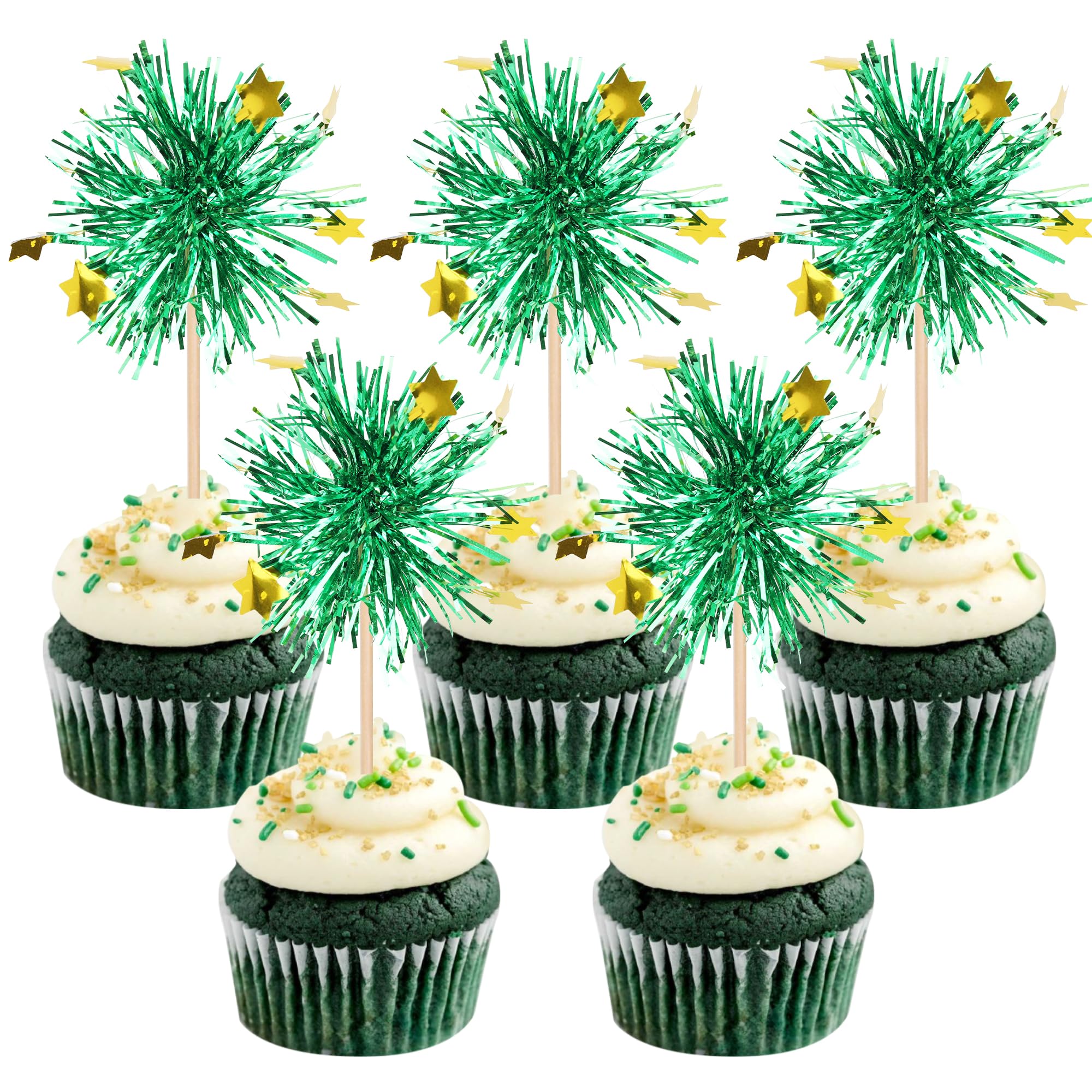30 PCS Foil Firework Cupcake Toppers Happy Birthday Star Cupcake Picks Sparkle Tinsel Drink Stirrers Cocktail Fruit Toothpicks for Valentine's Day Wedding Birthday Party Decorations Supplies Green
