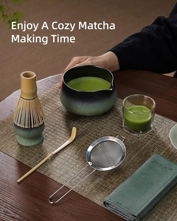 ZENS Matcha Whisk Set, 7pcs Matcha Kit Set with Ceramic Bowl and Matcha Cup, Bamboo Whisk & (Chasen Holder) Sifter, Scoop -Tea Towel, Japanese Chawan for Matcha-Making, Sage Green
