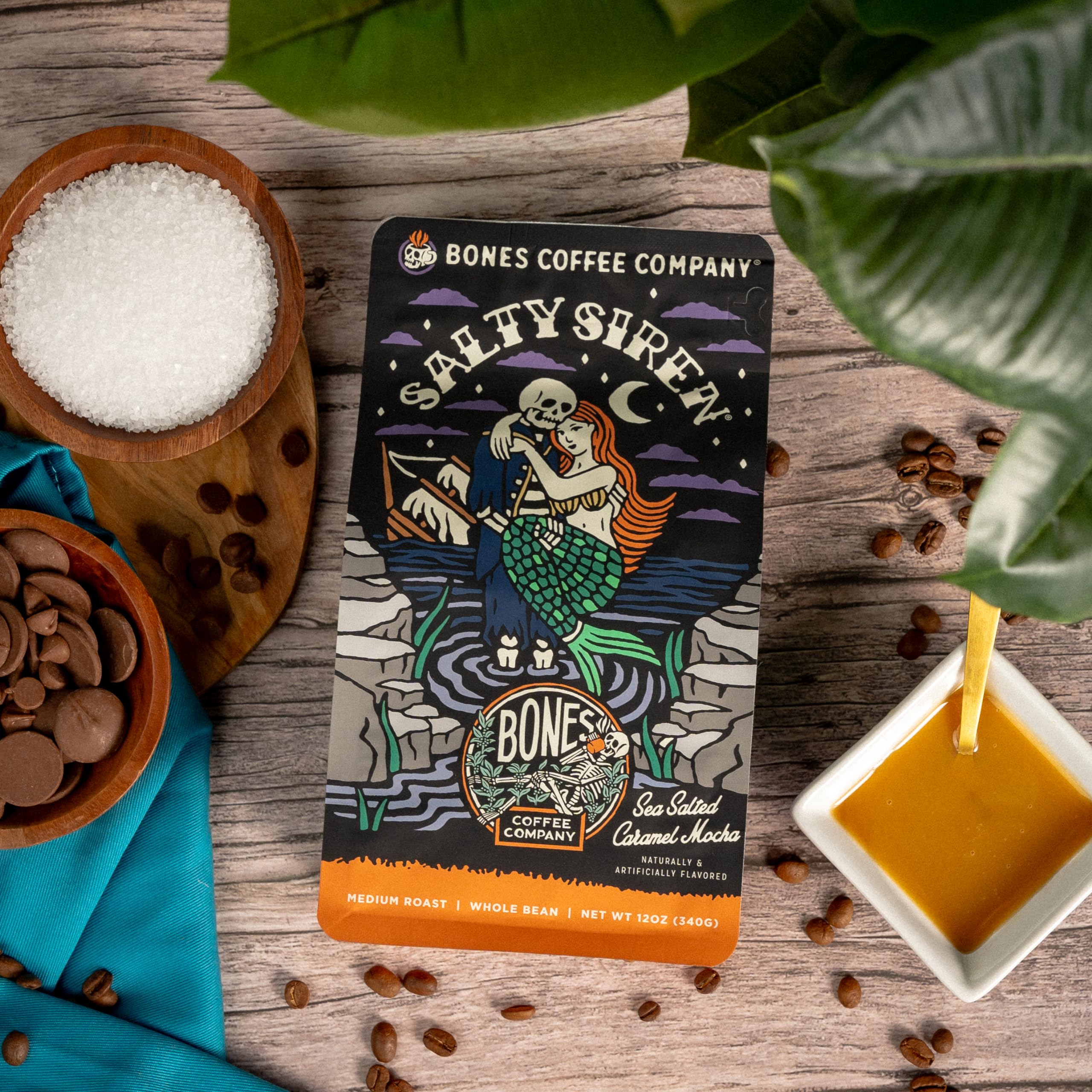 Bones Coffee Company Salty Siren, Sea Salted Caramel Chocolate Flavored Coffee, Medium Roast Low Acid Arabica Beans Compatible with Auto drip and French Press Coffee Maker, 12 Oz Whole Bean