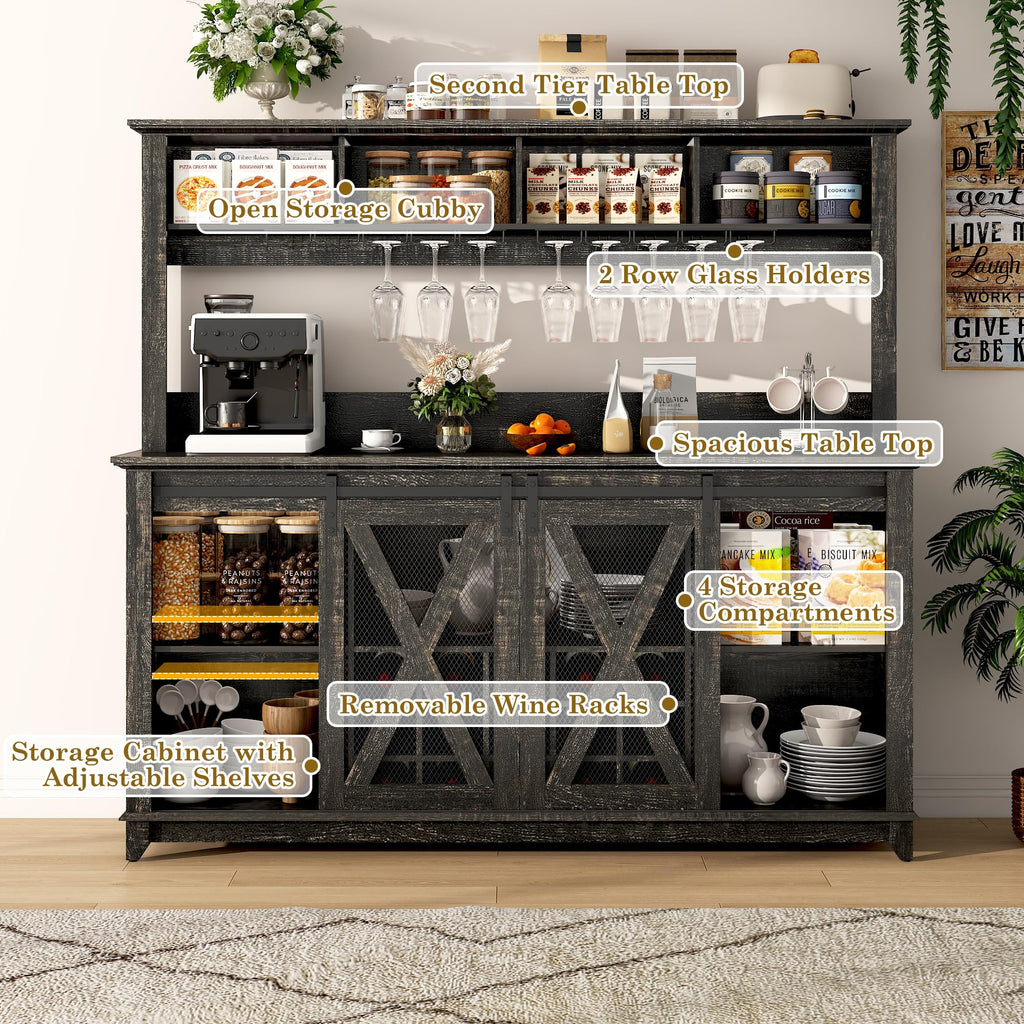 63"Wide 58"H Farmhouse Coffee Bar Cabinet with Power Outlet and LED Light,Wine Bar Cabinet w/ 4 Storage Hutch,Kitchen Buffet Cabinet with 15 Wine and Glass Racks for Kitchen Dining Room(Dark Oak)