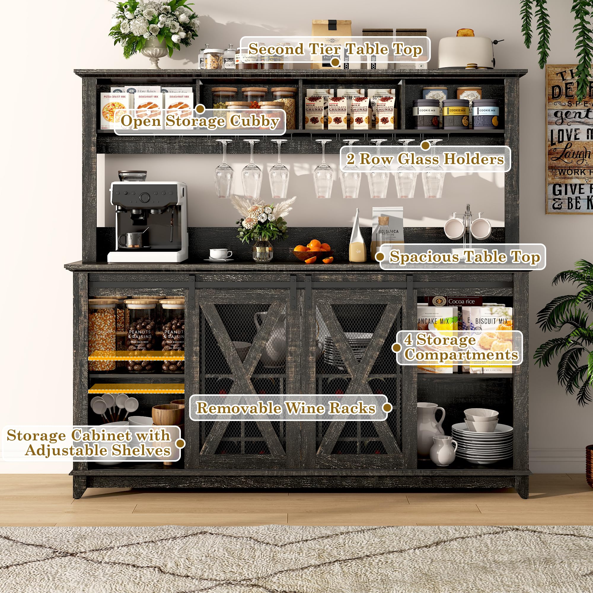 63"Wide 58"H Farmhouse Coffee Bar Cabinet with Power Outlet and LED Light,Wine Bar Cabinet w/ 4 Storage Hutch,Kitchen Buffet Cabinet with 15 Wine and Glass Racks for Kitchen Dining Room(Dark Oak)