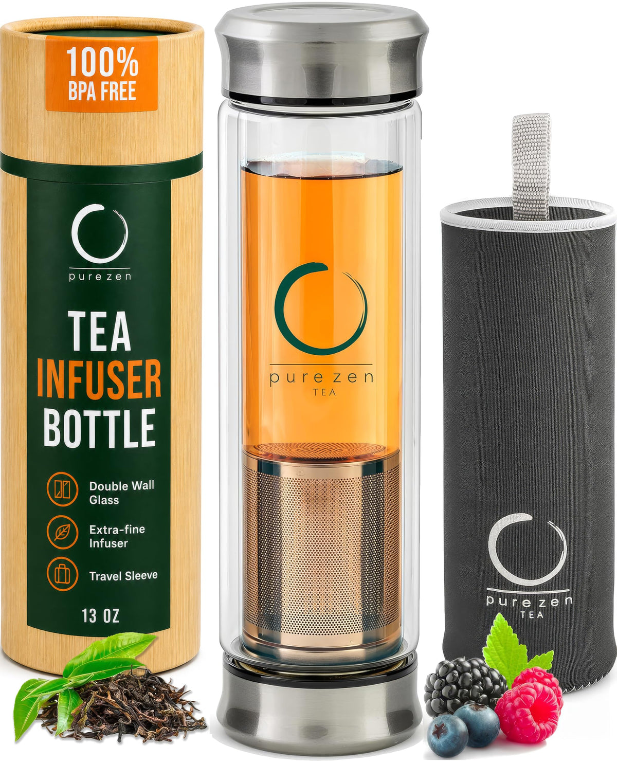 Pure Zen Tea Infuser Bottle, 13 oz, Tea Bottle with Infuser, Tea Gift Set