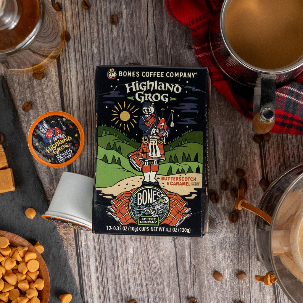 Bones Coffee Company Flavored Coffee Bones Cups Highland Grog Butterscotch Caramel | 12ct Single-Serve Coffee Pods Compatible with Keurig 1.0 & 2.0 Keurig Coffee Maker