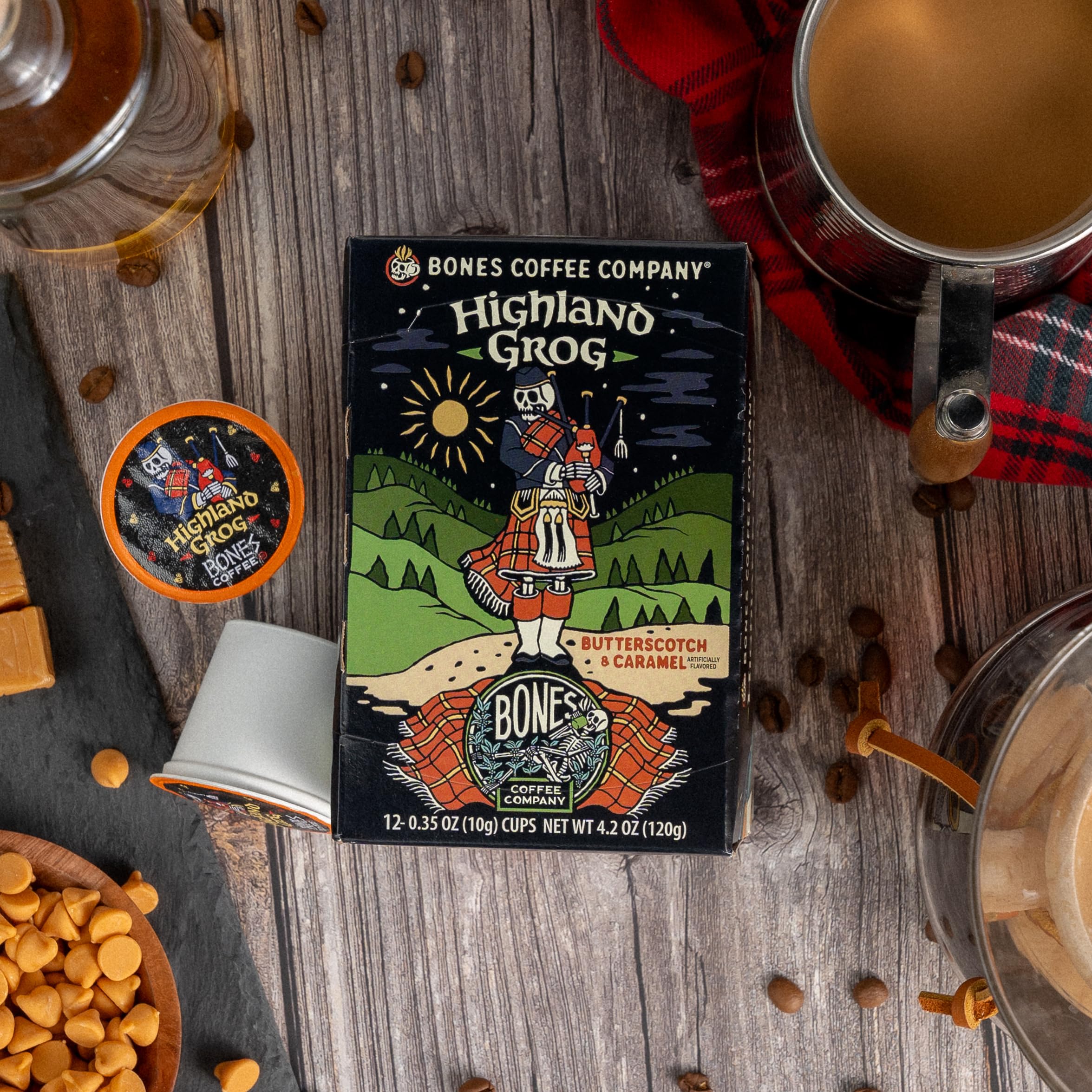 Bones Coffee Company Flavored Coffee Bones Cups Highland Grog Butterscotch Caramel | 12ct Single-Serve Coffee Pods Compatible with Keurig 1.0 & 2.0 Keurig Coffee Maker