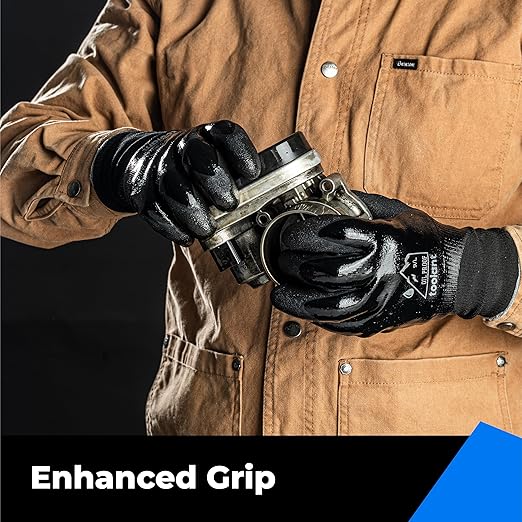 Waterproof Gloves for Men and Women, Freezer Gloves with Grip, Double Nitrile Dipped for Extreme Oil Repellent, for Construction, Mechanics, Mining, Plumbing, Black, X-Large