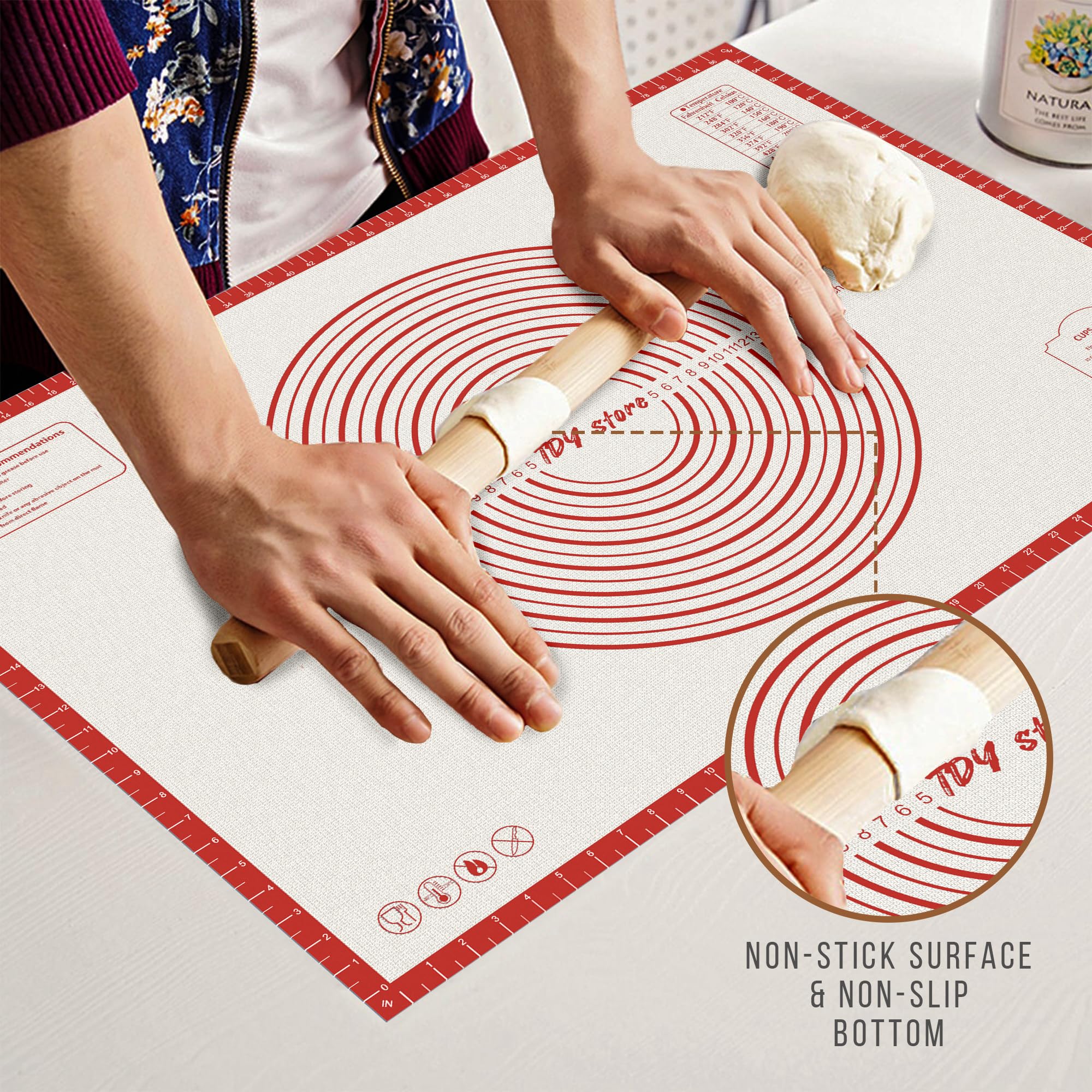 28 * 20 inches Red, Non-Slip Silicone Baking Sheets - Baking Mat with 0.7mm Thickness - Non-Stick Pastry & Cookie Mat for Kitchen Counter for Rolling Out Dough with Measurements.