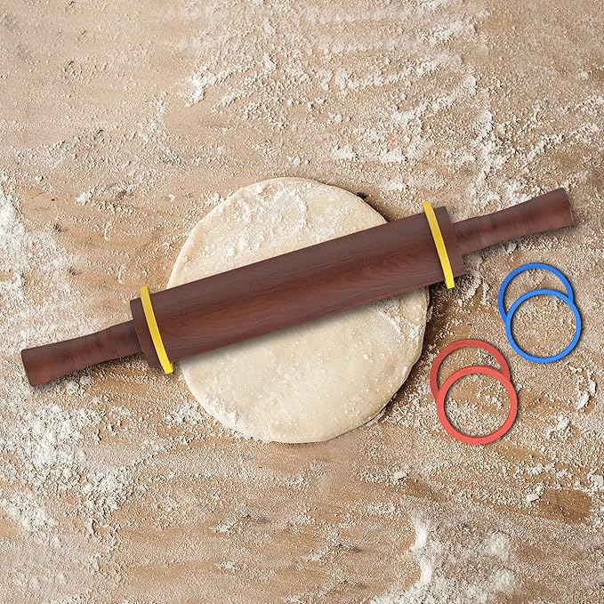 Classic Wooden Rolling Pin with Handle for Fondant, Pizza, Pies, Cookies, Pastries, Rolling Pin for Baking with 3 Multi-Color Thickness Rings, 17" x 2.5" (Include handle) Sapele Rolling Pin