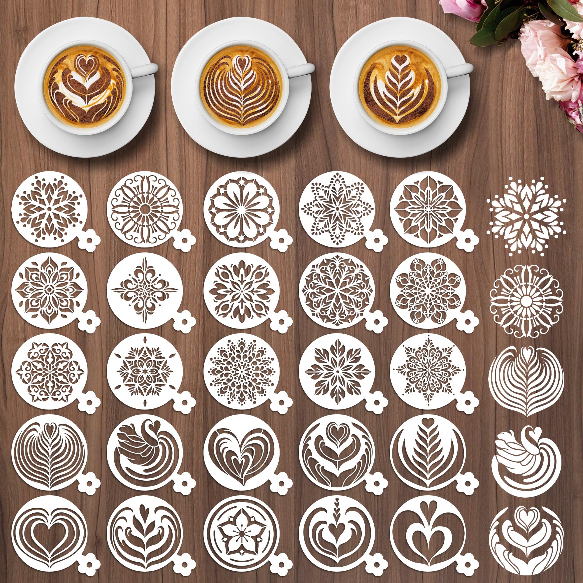 Sitsink Mandala Cookie Coffee Stencils - 25 Pcs Mandala Latte Art Cookie Stencils for Coffee Cake Bread Decor, Reusable Bread Template for Sourdough Decoration Tools Baking Stencil