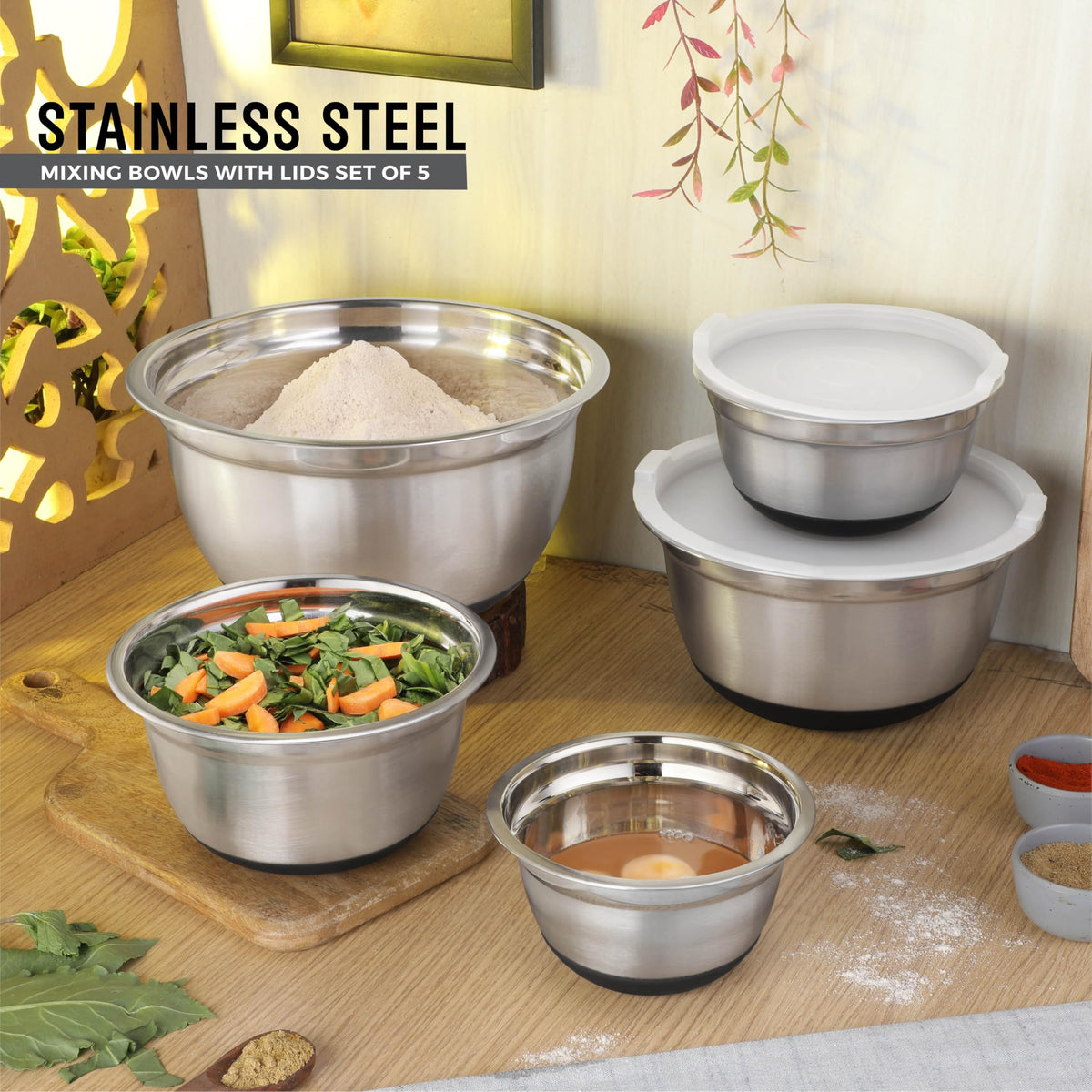 Avador Premium Stainless Steel Mixing Bowls with Lids Non-Slip, Set of 5 Mixing Bowl Set with Silicone Base, Space Saving, Great for Cooking, Baking, Prepping (0.25qt, 1qt, 1.5qt, 3qt, 5qt)