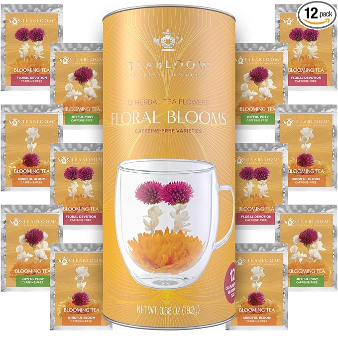 Teabloom Caffeine-Free Petite Blooming Teas - Gift Canister of 12 Assorted Flowering Teas - Ideal with Teabloom Borosilicate Glass Cups or Smaller Teapots