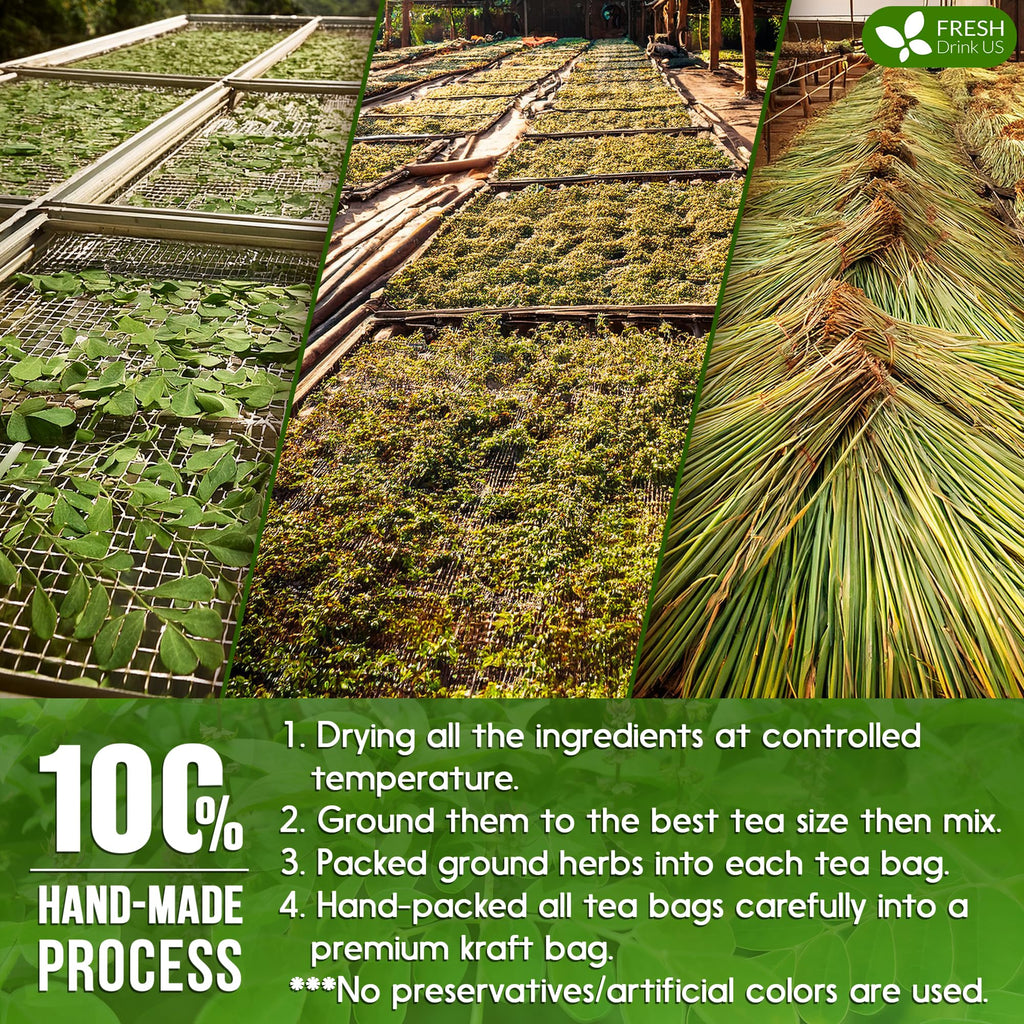 FreshDrinkUS, Premium 30 Tea Bags Tulsi Moringa Lemongrass, 100% Natural & Pure from Tulsi Holy Basil Leaves, Moringa & Lemongrass. Made with Natural Material Tea Bags. No Sugar, No Caffeine, Vegan.