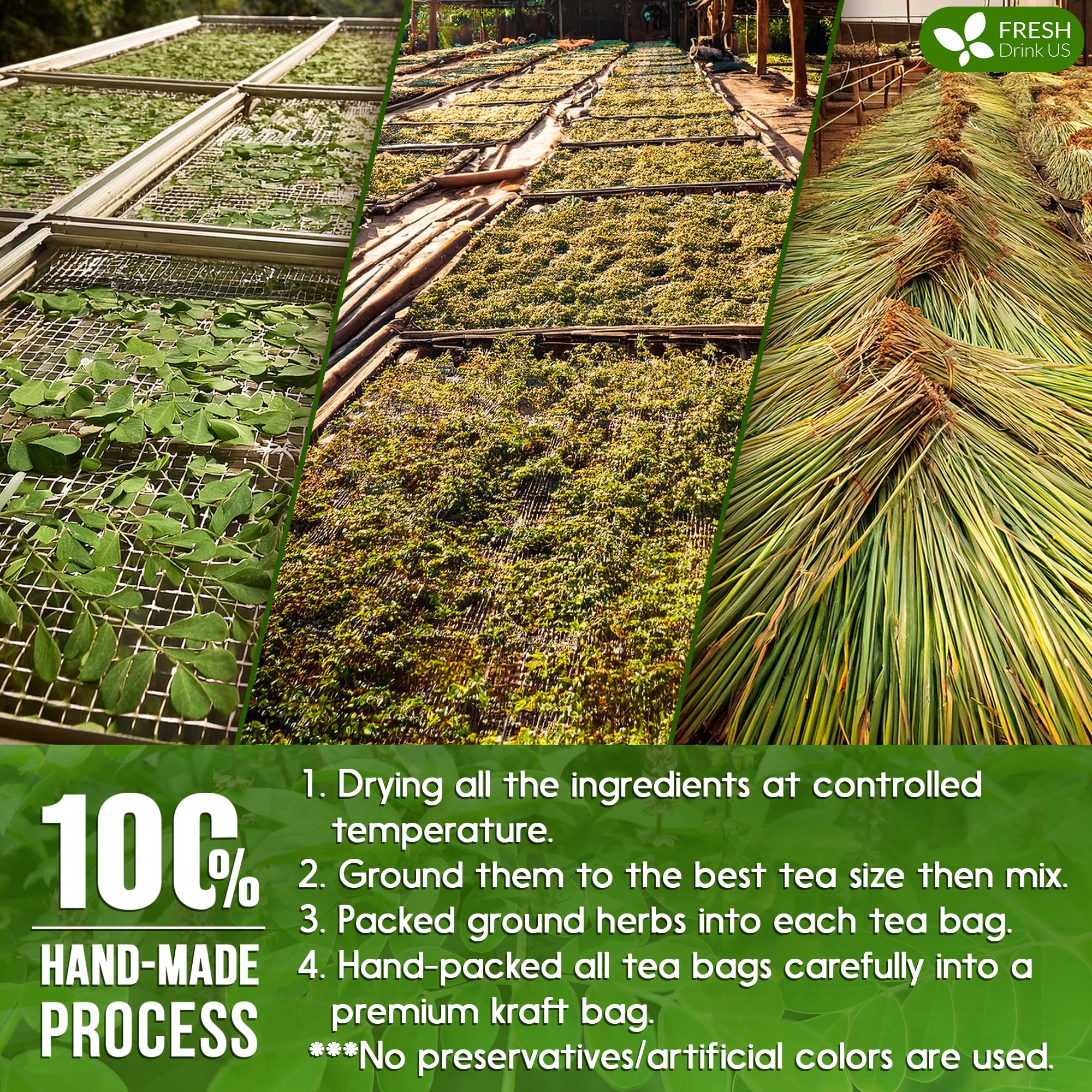 FreshDrinkUS, Premium 55 Tea Bags Tulsi Moringa Lemongrass, 100% Natural & Pure from Tulsi Holy Basil Leaves, Moringa & Lemongrass. Made with Natural Material Tea Bags. No Sugar, No Caffeine, Vegan.