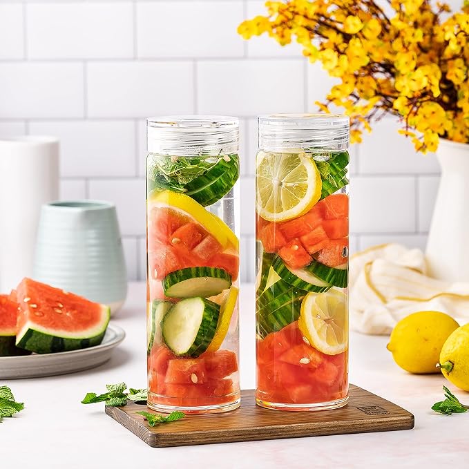 Glass Water Bottles - 4 Pack Wide Mouth Juice Bottles with Clear Lids for Juicing, Smoothies, Fruit Water, Teas, Beverage Storage - 16oz, Leakproof, Reusable, Borosilicate