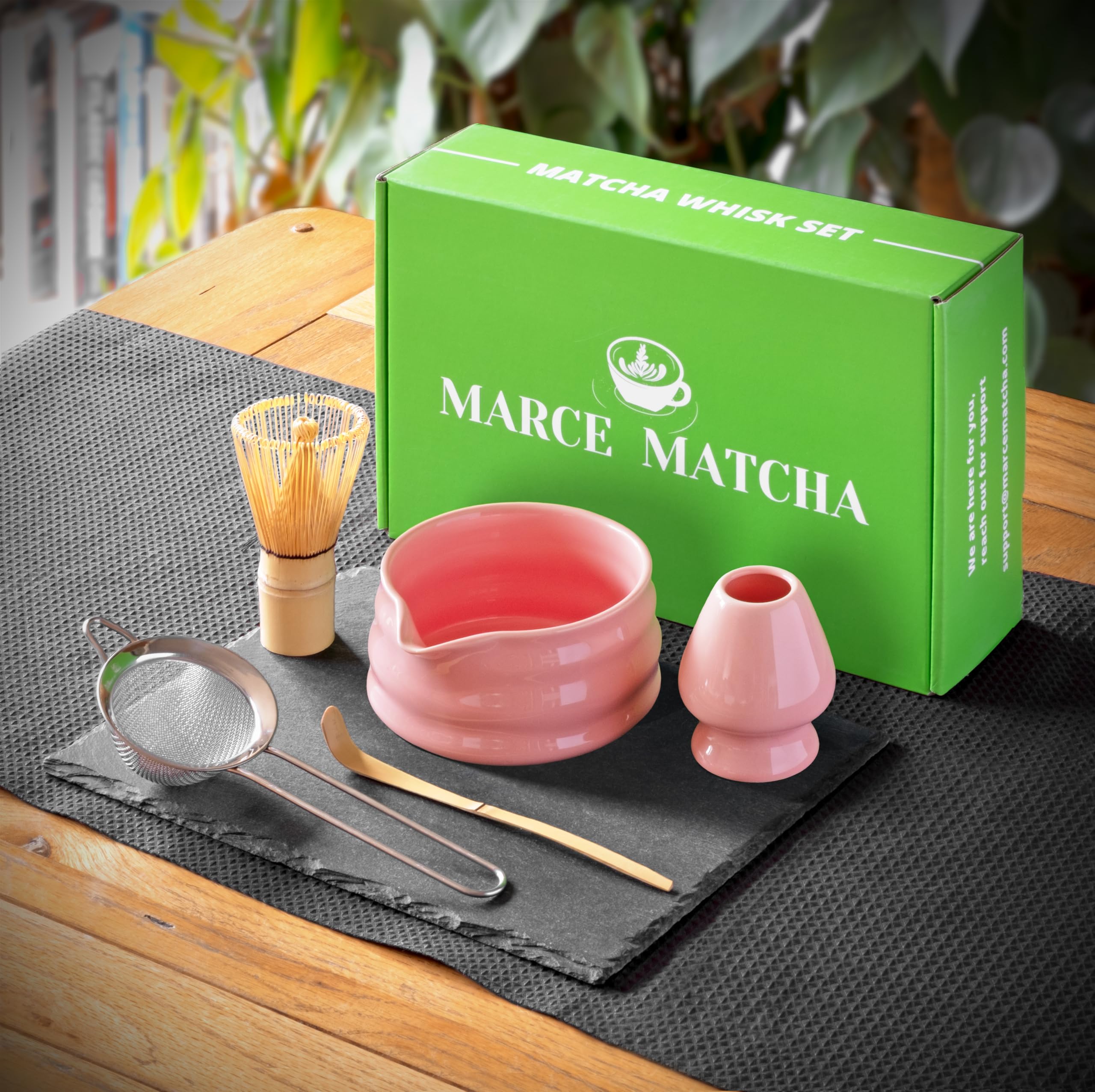 Marce Matcha Whisk Set- Matcha Set includes Matcha Whisk and Bowl with Spout, Sifter, Holder and Scoop- The Perfect Bamboo Whisk for Matcha Tea (Pink)