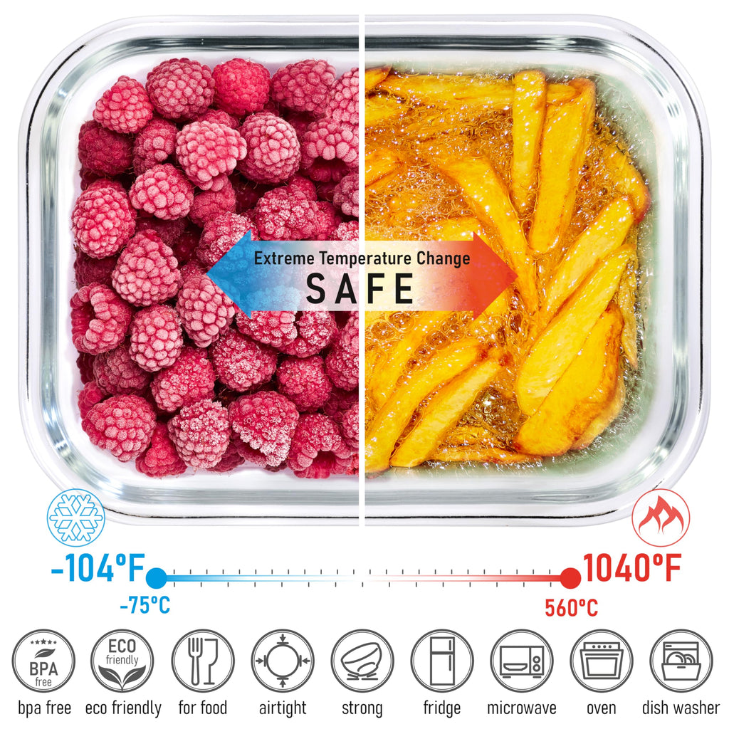 dokaworld Glass Container Set with Acacia Lids - 4 Stackable Meal Prep Containers. Durable heat resistant Inert Borosilicate Glass