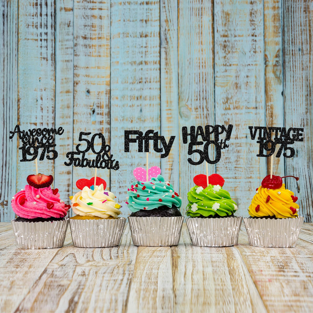 Gyufise 30Pcs Vintage 1975 Cupcake Toppers 50th Birthday Cake Decorations Cheers to 50 Fabulous Fifty Cupcake Picks 50th Birthday Wedding Anniversary Party Cake Decorations Supplies Black