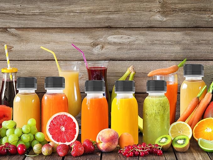 10 Pcs 8 oz Plastic Juice Bottle Reusable Transparent Bulk Beverage Containers with Black Lids for Juice, Drinking Milkshake Tea, Milk, Juicing Smoothie Water and Other Beverages, Fridge Storage