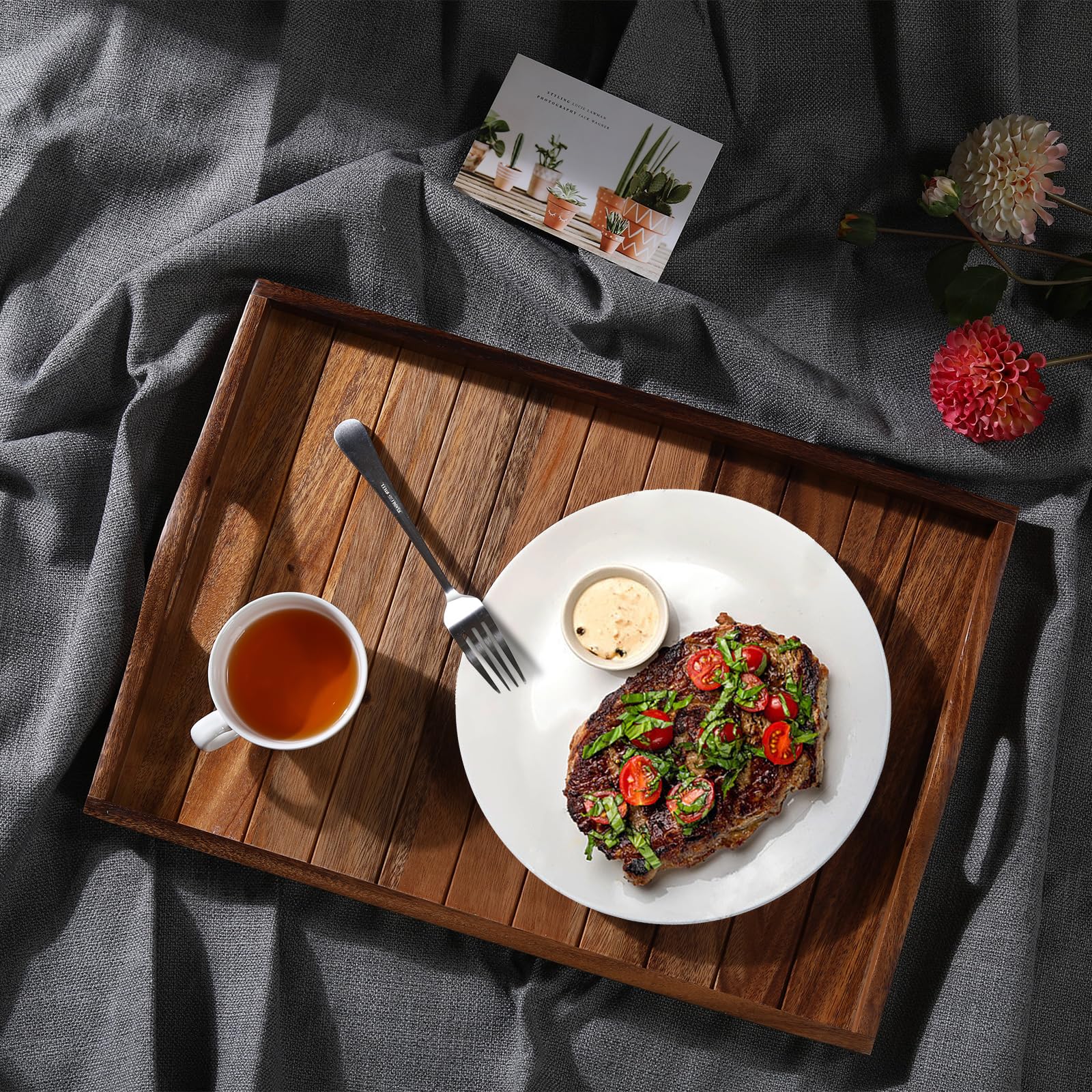 Large Acacia Wooden Serving Tray with Handles 20 x 14 inch Decorative Coffee Table Ottoman Tray for Living Room Extra Large for Kitchen Dinner Food Bar Breakfast in Bed (Color Natural)