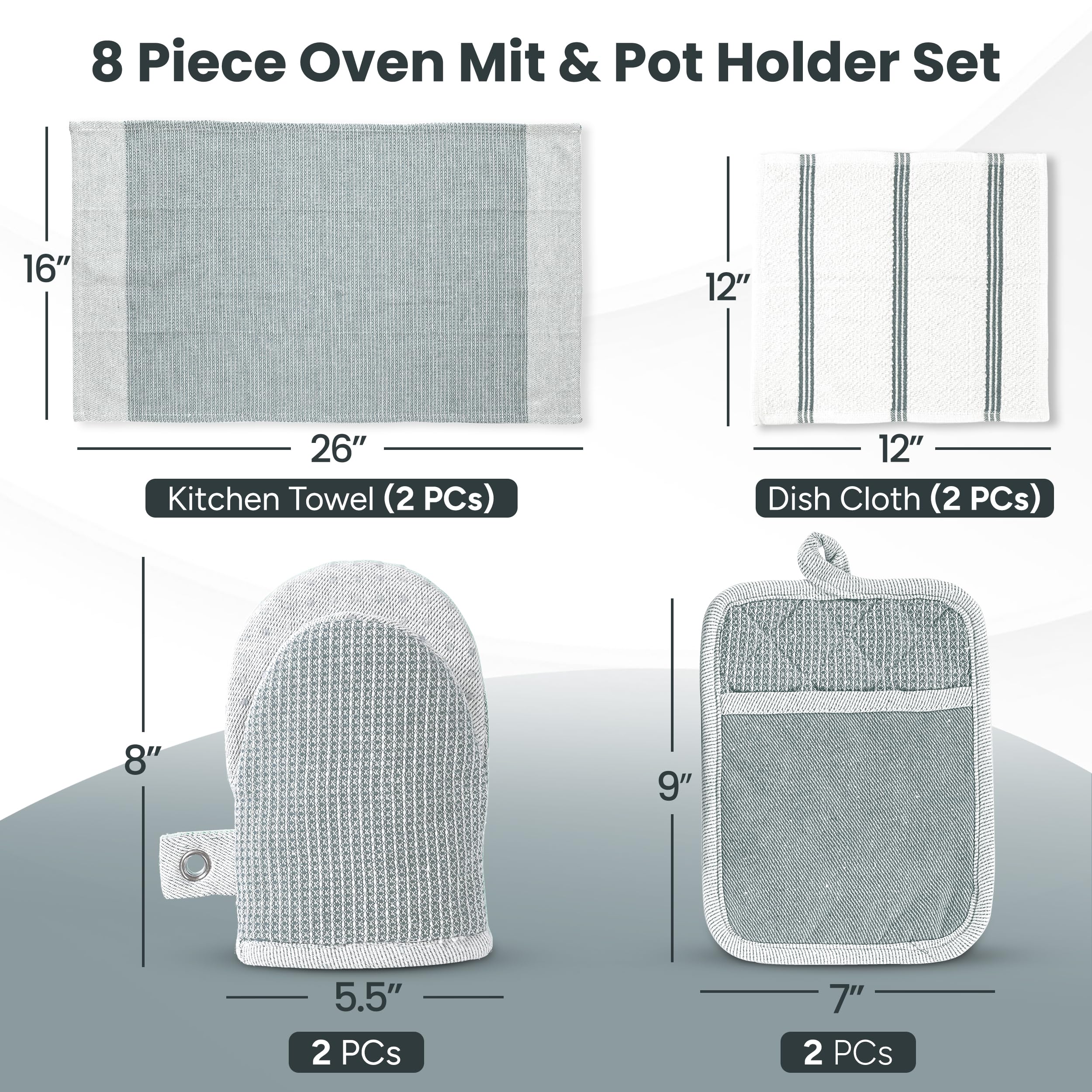 Casa Platino 8-Piece Mini Oven Mitt & Pot Holder Set – 500°F Heat Resistant with Silicone Grip, Includes 2 Kitchen Towels & 2 Dish Cloths for Drying – Non-Slip, Durable, Machine Washable – Grey