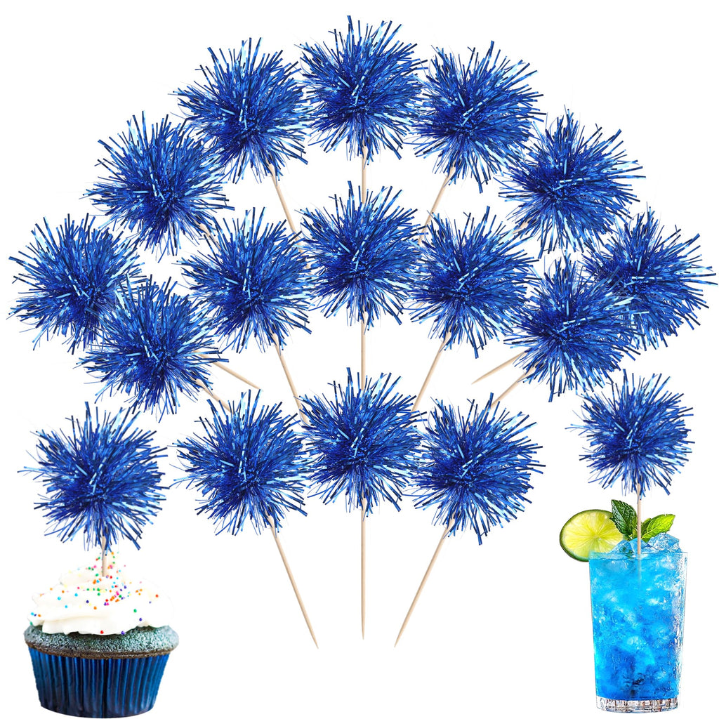 40 PCS Foil Firework Cupcake Toppers Sparkle Tinsel Cupcakae Picks Sparkler Fireworks Party Decorations Cocktail Fruit Toothpick for Birthday Wedding Graduation Party Decorations Supplies Dark Blue