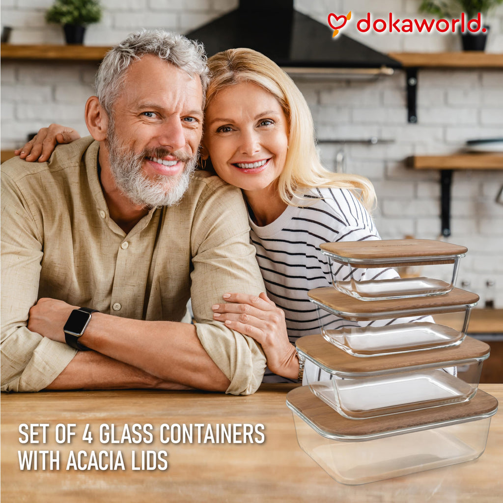 dokaworld Glass Container Set with Acacia Lids - 4 Stackable Meal Prep Containers. Durable heat resistant Inert Borosilicate Glass