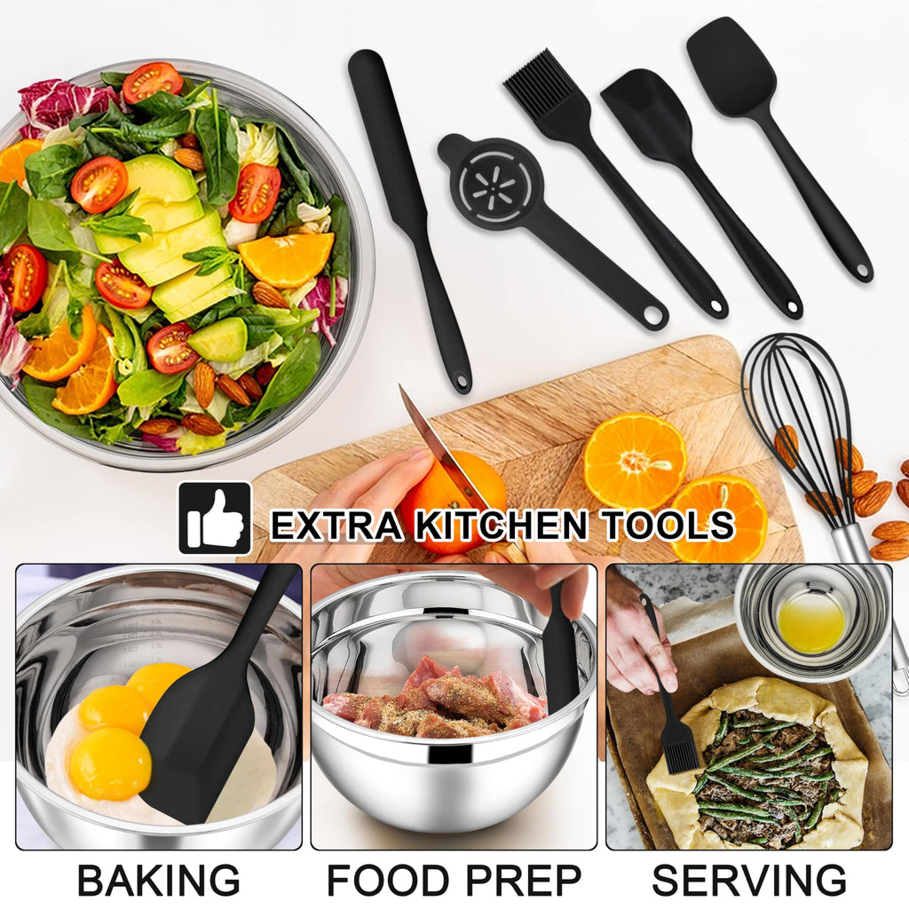 E-far Mixing Bowls with Lids Set, 21PCS Stainless Steel Salad Mixing Bowls with 3 Grater Attachments, Size 7, 4.6, 3.5, 2.6, 2, 1.5, 1QT, Nesting Design & Black Airtight Lid, For Baking/Prepping