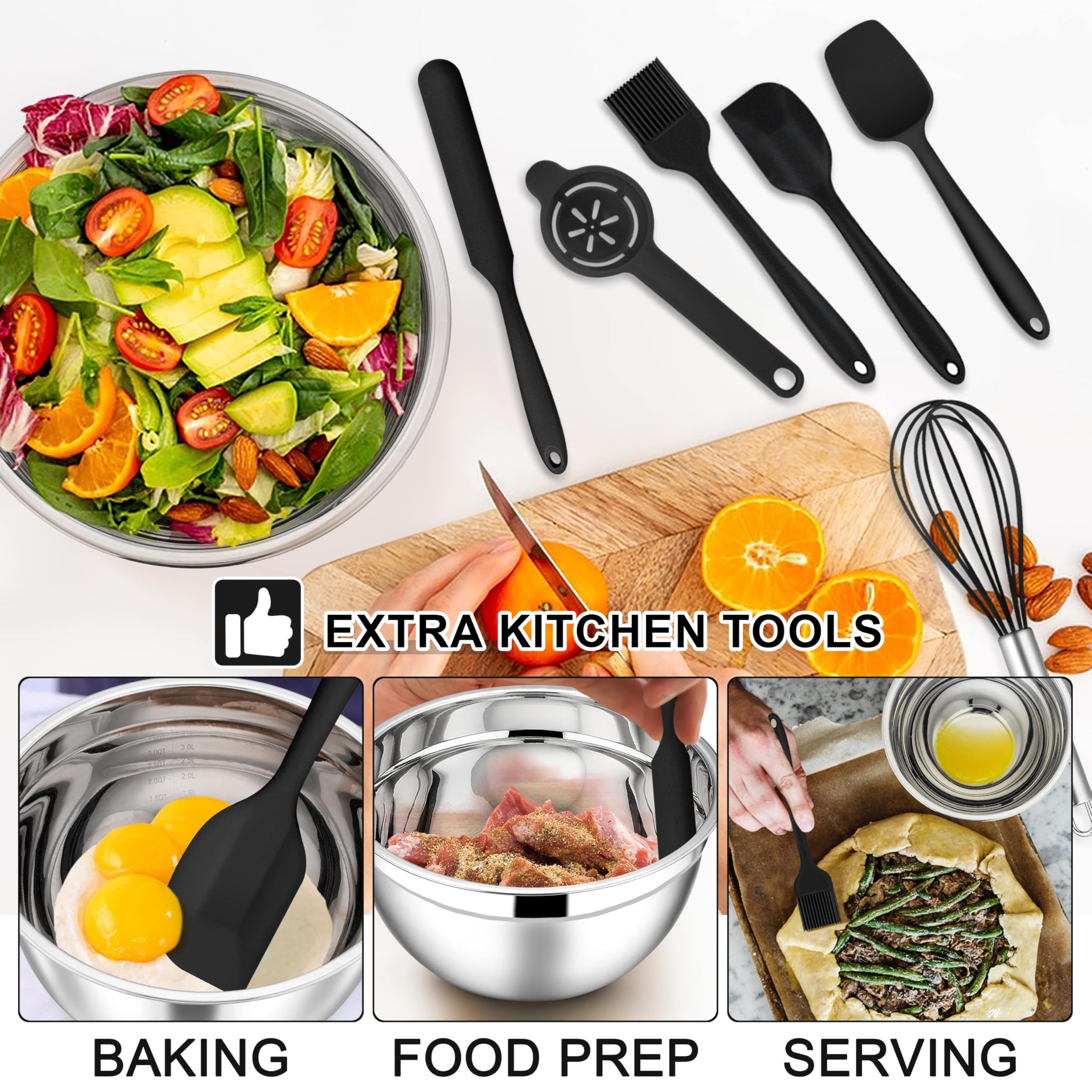 E-far Mixing Bowls with Lids Set, 21PCS Stainless Steel Salad Mixing Bowls with 3 Grater Attachments, Size 7, 4.6, 3.5, 2.6, 2, 1.5, 1QT, Nesting Design & Black Airtight Lid, For Baking/Prepping
