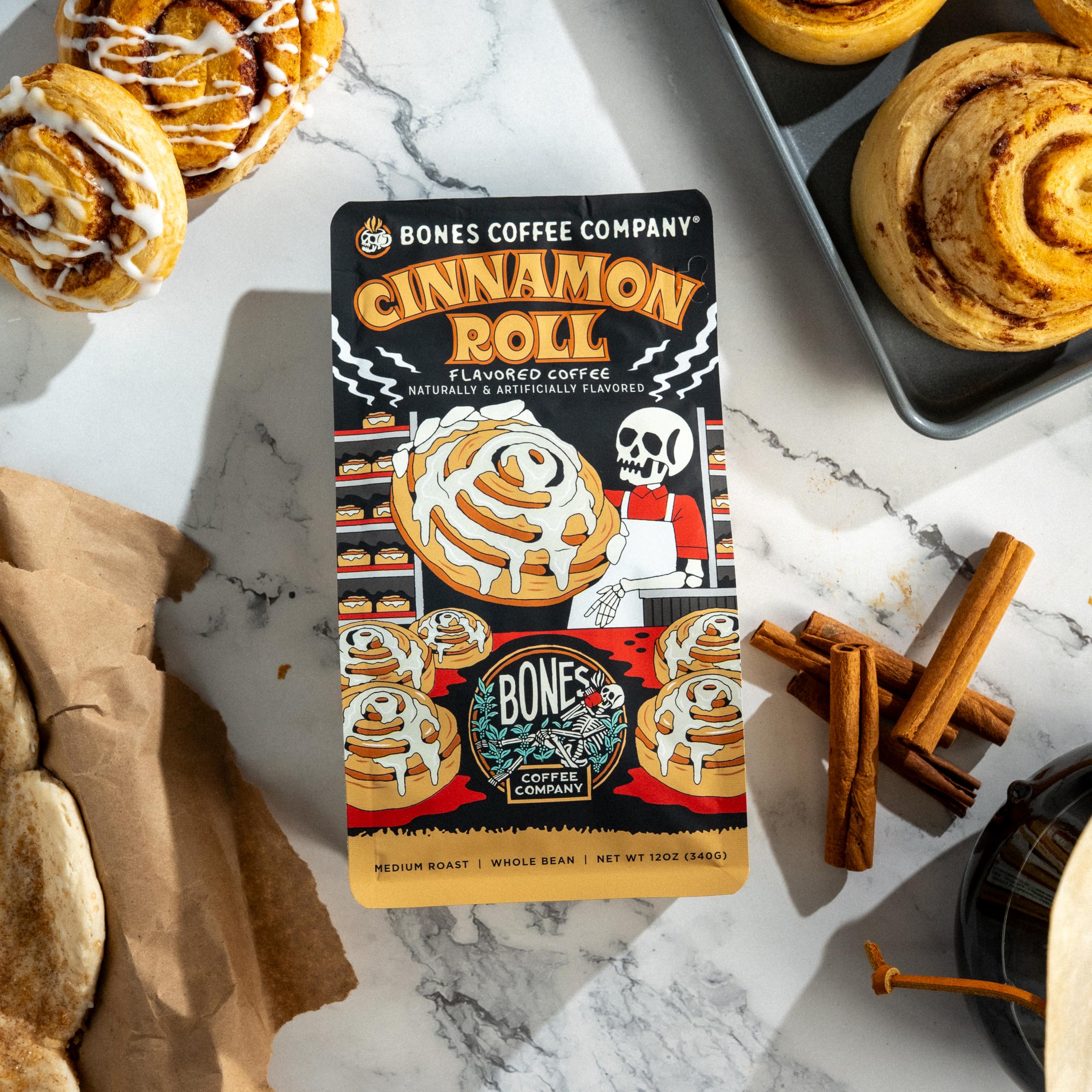 Bones Coffee Company Cinnamon Roll Flavored Coffee, Medium Roast Low Acid Arabica Beans Compatible with Auto drip and French Press Coffee Maker, 12 Oz Whole Bean