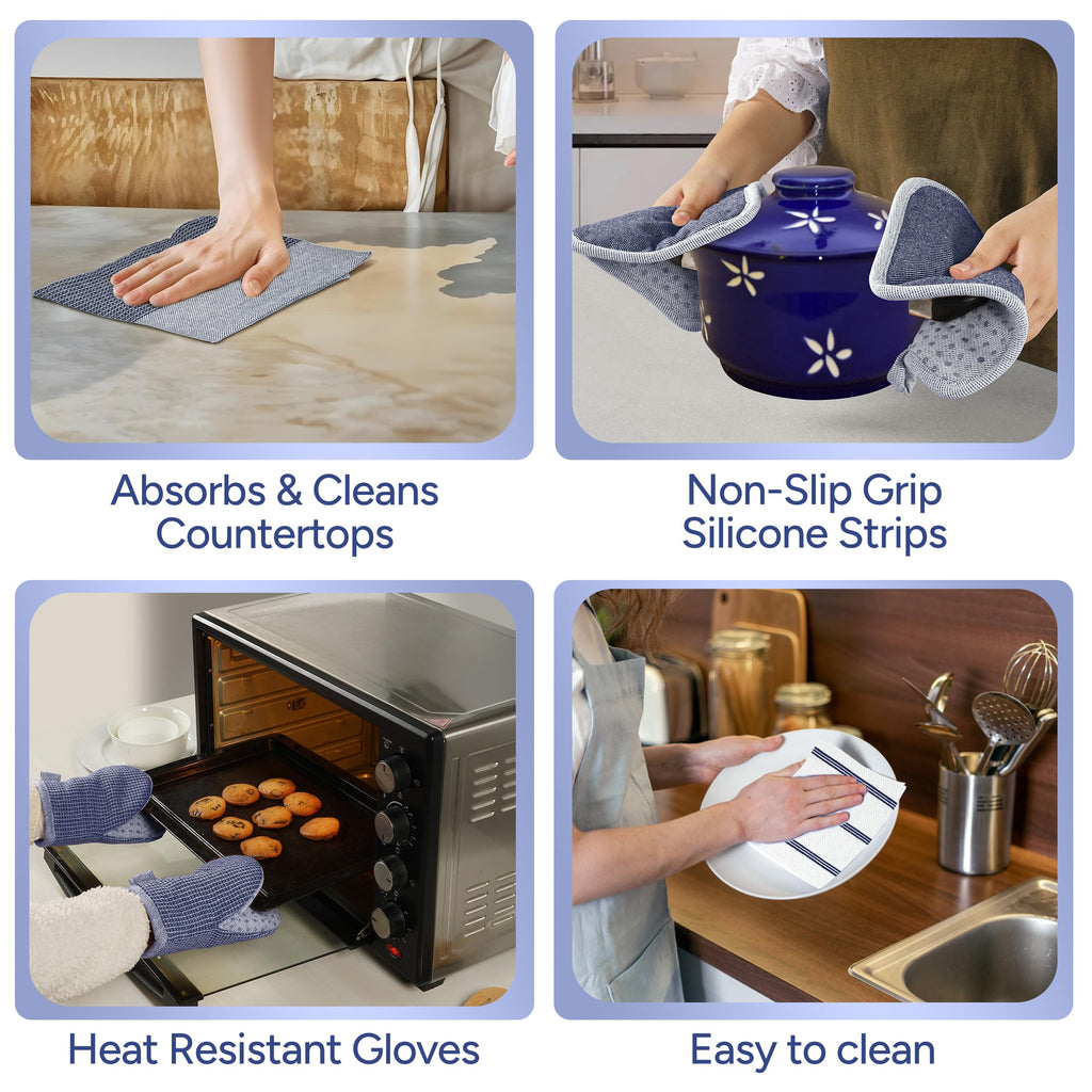 Casa Platino Mini Oven Mitts Set, 8-Piece – 500°F Heat Resistant Silicone Oven Mitt, Potholders for Kitchens, 2 Kitchen Towels & 2 Dish Cloths – Non-Slip & Durable – Indigo