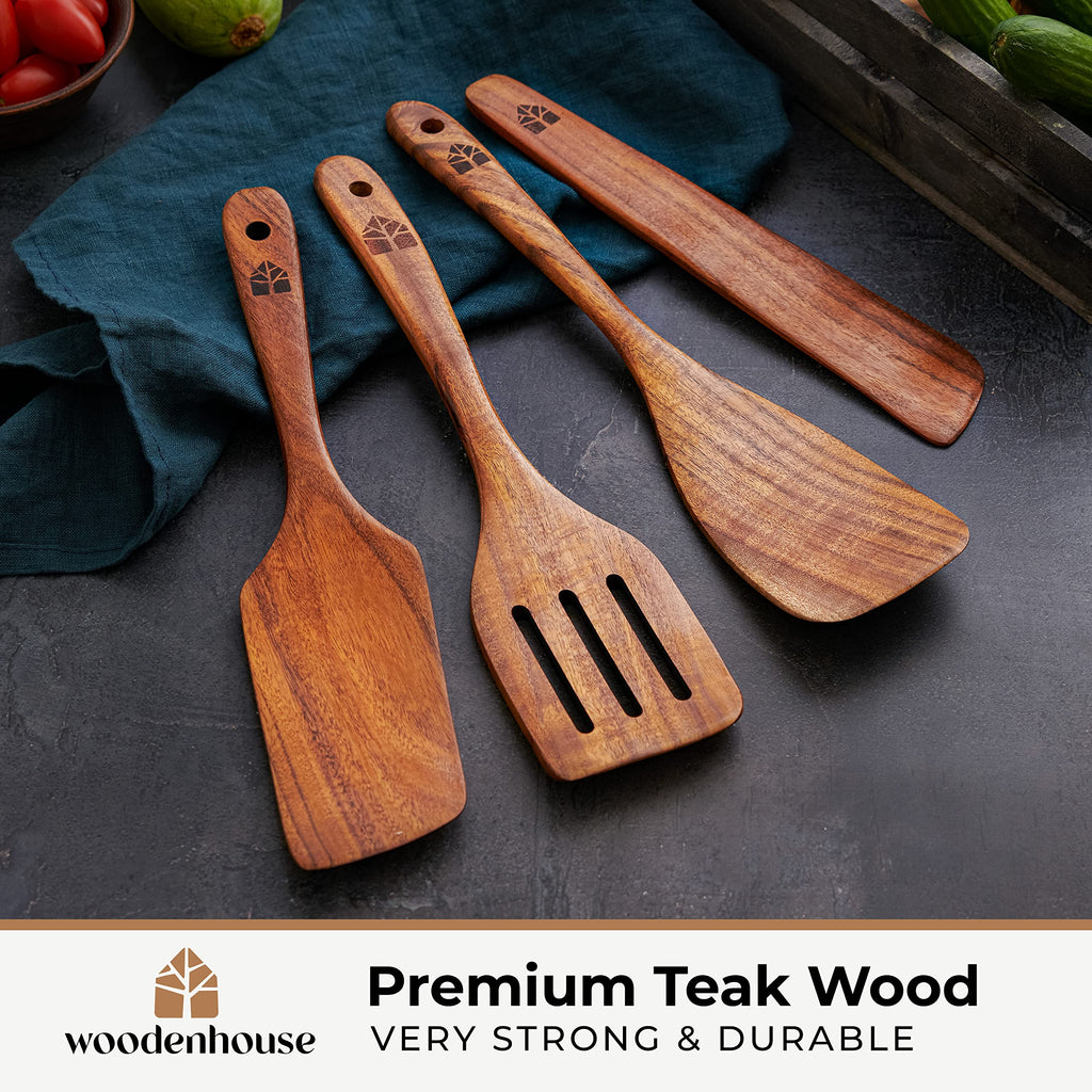 Wooden Spatula for Cooking, Teak Wood Set of 4 for Non Stick Frying Pan