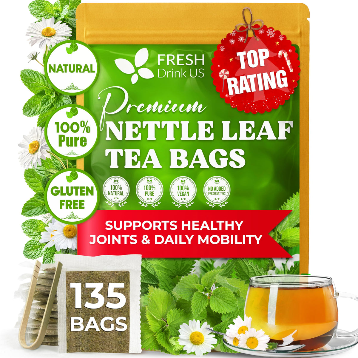 FreshDrinkUS, Premium 135 Ginger Turmeric Tea Bags, 100% Natural Ingredients, Hand-Made Blend of Ginger and Turmeric Herbal Tea, Eco-Conscious Tea Bags. No Sugar, No Caffeine, No Gluten, Vegan.