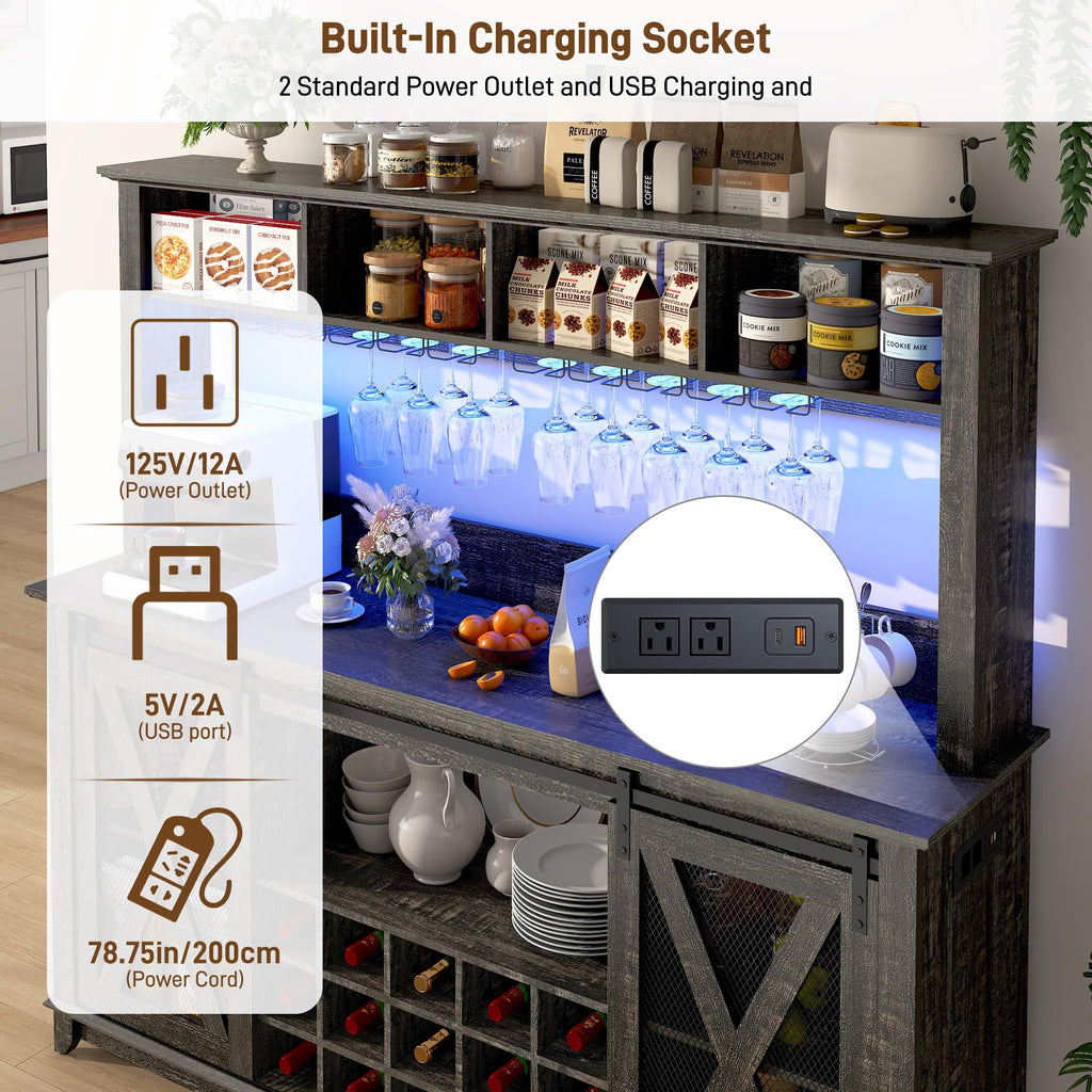 63"Wide 58"H Farmhouse Coffee Bar Cabinet with Power Outlet and LED Light,Wine Bar Cabinet w/ 4 Storage Hutch,Kitchen Buffet Cabinet with 15 Wine and Glass Racks for Kitchen Dining Room(Dark Oak)