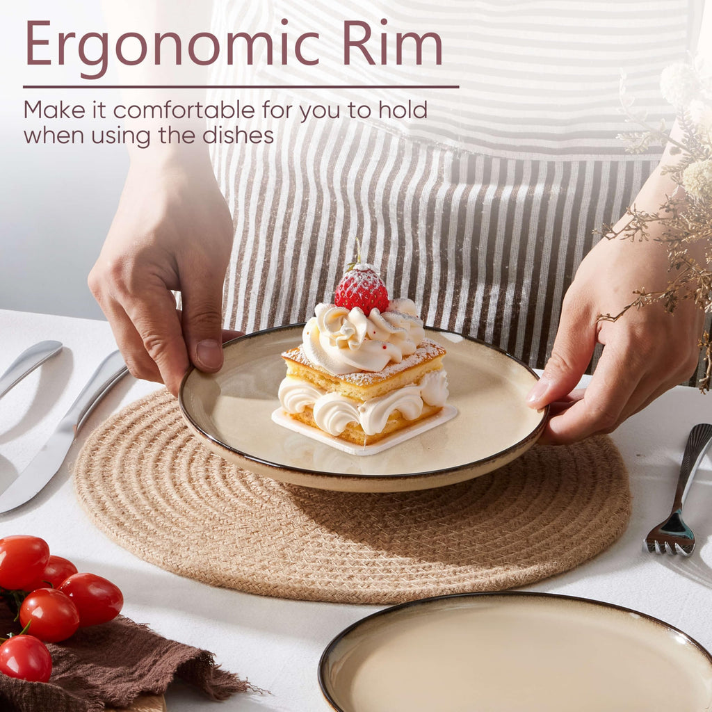 Herogo Ceramic 7.9 Inch Dinner Dessert Plates Set of 6, Small Stoneware Dinnerware Plate Set, Double Reactive Glaze Large Dinnerware Plates for Kitchen, Microwave, Oven & Dishwasher Safe, Cream Khaki