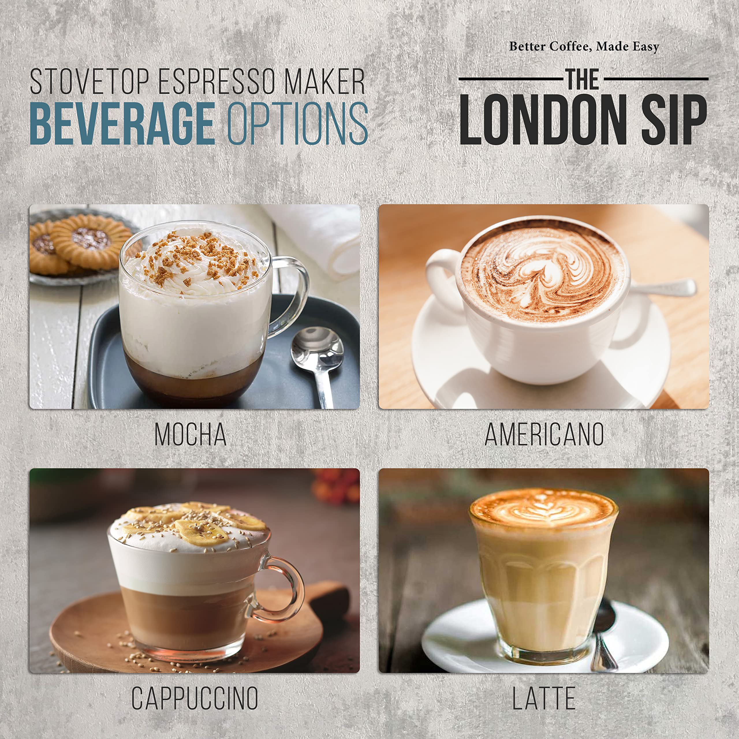 London Sip Stainless Steel Stovetop Espresso Maker Moka Pot Italian Coffee Percolator, Silver, 3 Espresso Cups
