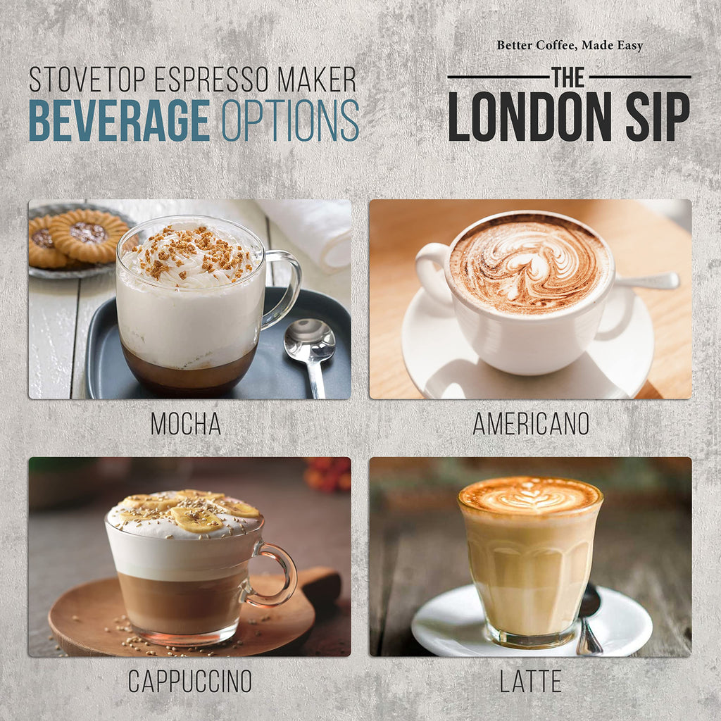 London Sip Stainless Steel Stovetop Espresso Maker Moka Pot Italian Coffee Percolator, Silver, 6 Espresso Cups