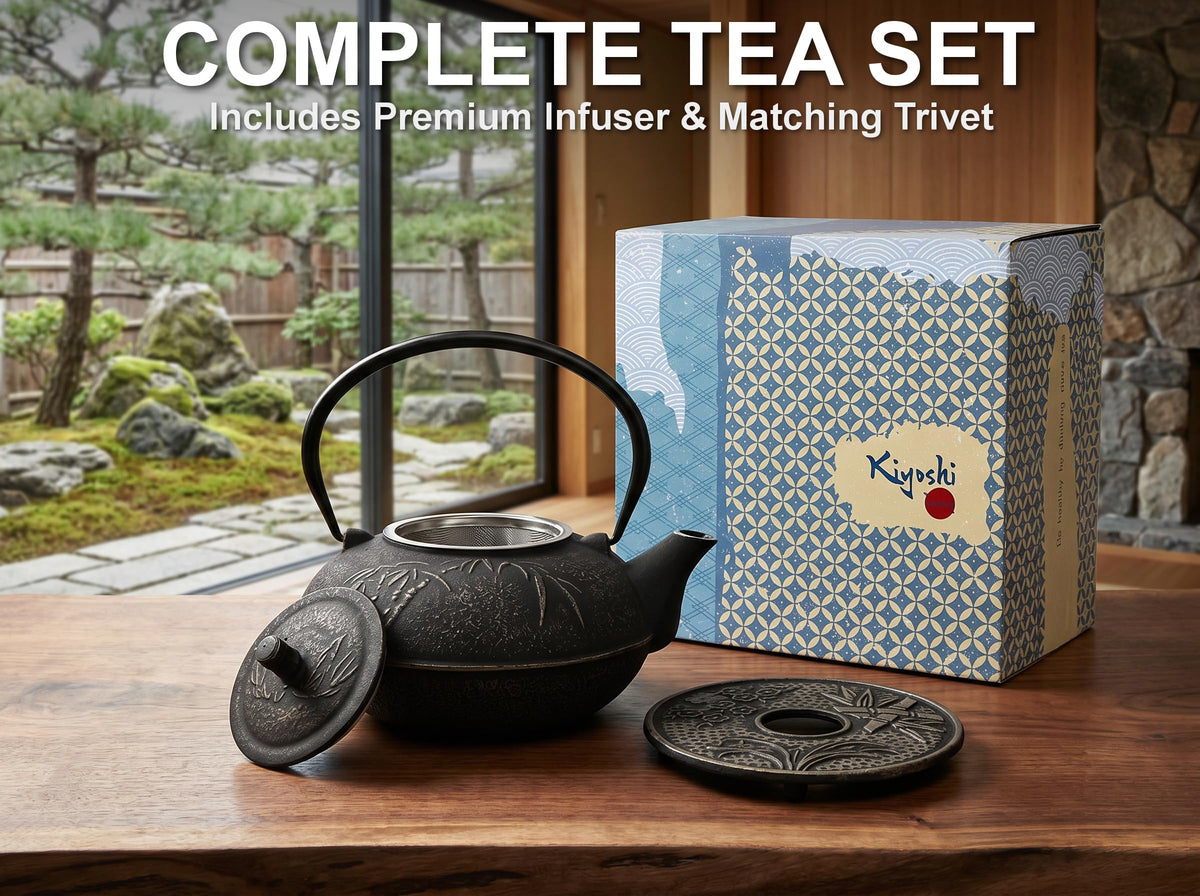 85 Oz XXL Black Bamboo Cast Iron Teapot, Enamel Interior, Infuser & Trivet