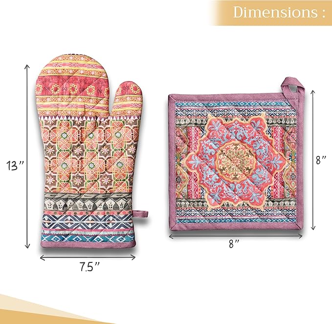 Maison d' Hermine 100% Cotton Oven Mitt & Pot Holder Set (7.5"x13" & 8"x8") Heat Resistant BBQ Cooking Gloves with Loop, Baking, Grilling, Kitchen, Handling Hot Pans (Ispahan)