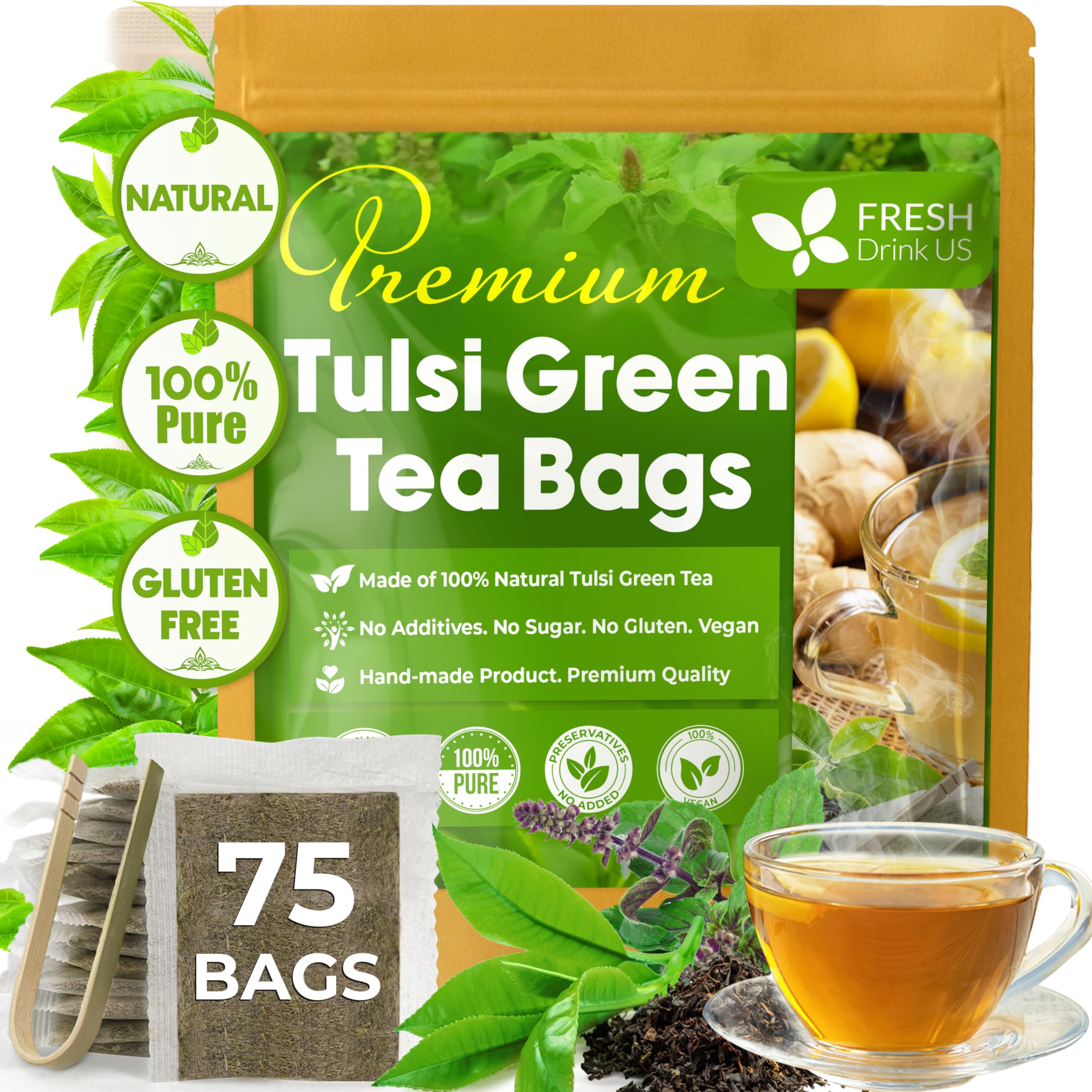FreshDrinkUS, Premium 75 Tulsi Green Tea Bags, 100% Natural & Pure, Herbal Tea, No Sugar, No Caffeine, No Gluten, Vegan.