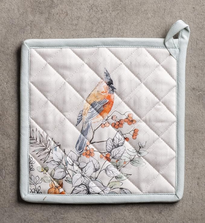 Maison d' Hermine Pot Holders Set 100% Cotton Heat Resistant Potholders 8" x 8" Hot Pads with Loop BBQ, Cooking, Baking, Grilling, Kitchen, Handling Hot Pans (Pack of 2, Whitish Shabby Chique)