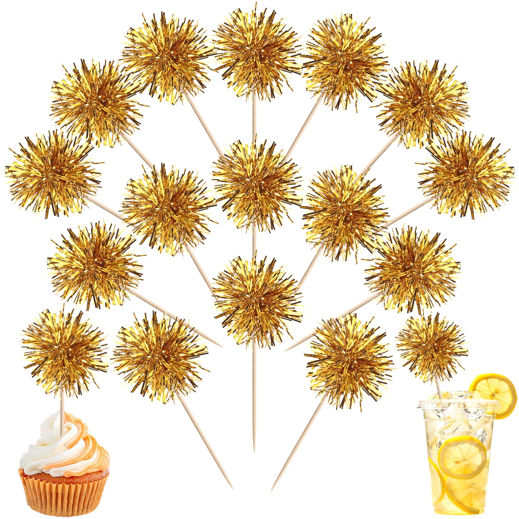 40 PCS Foil Firework Cupcake Toppers Fireworks Cupcake Picks Sparkle Tinsel Cake Decorations Cocktail Fruit Toothpick for Firework Theme Birthday Wedding Graduation Party Decorations Supplies Gold