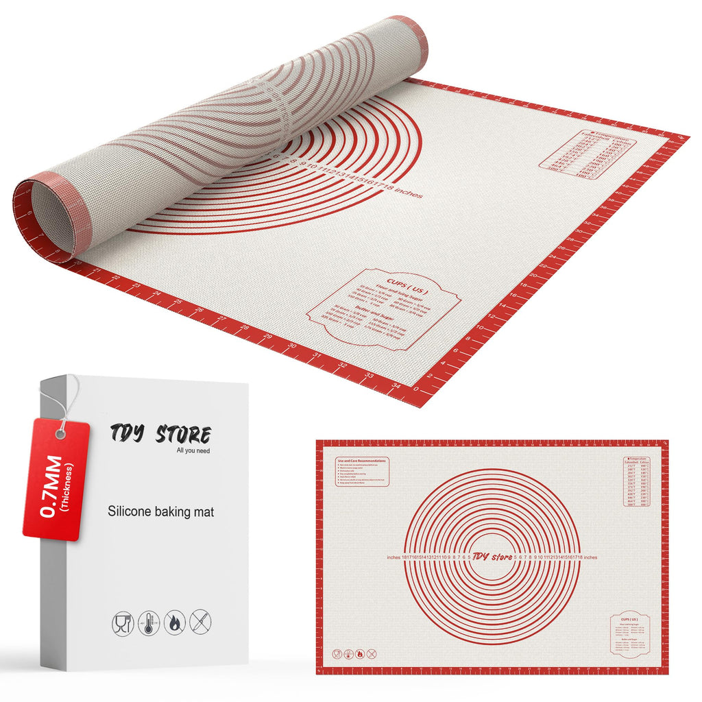 28 * 20 inches Red, Non-Slip Silicone Baking Sheets - Baking Mat with 0.7mm Thickness - Non-Stick Pastry & Cookie Mat for Kitchen Counter for Rolling Out Dough with Measurements.