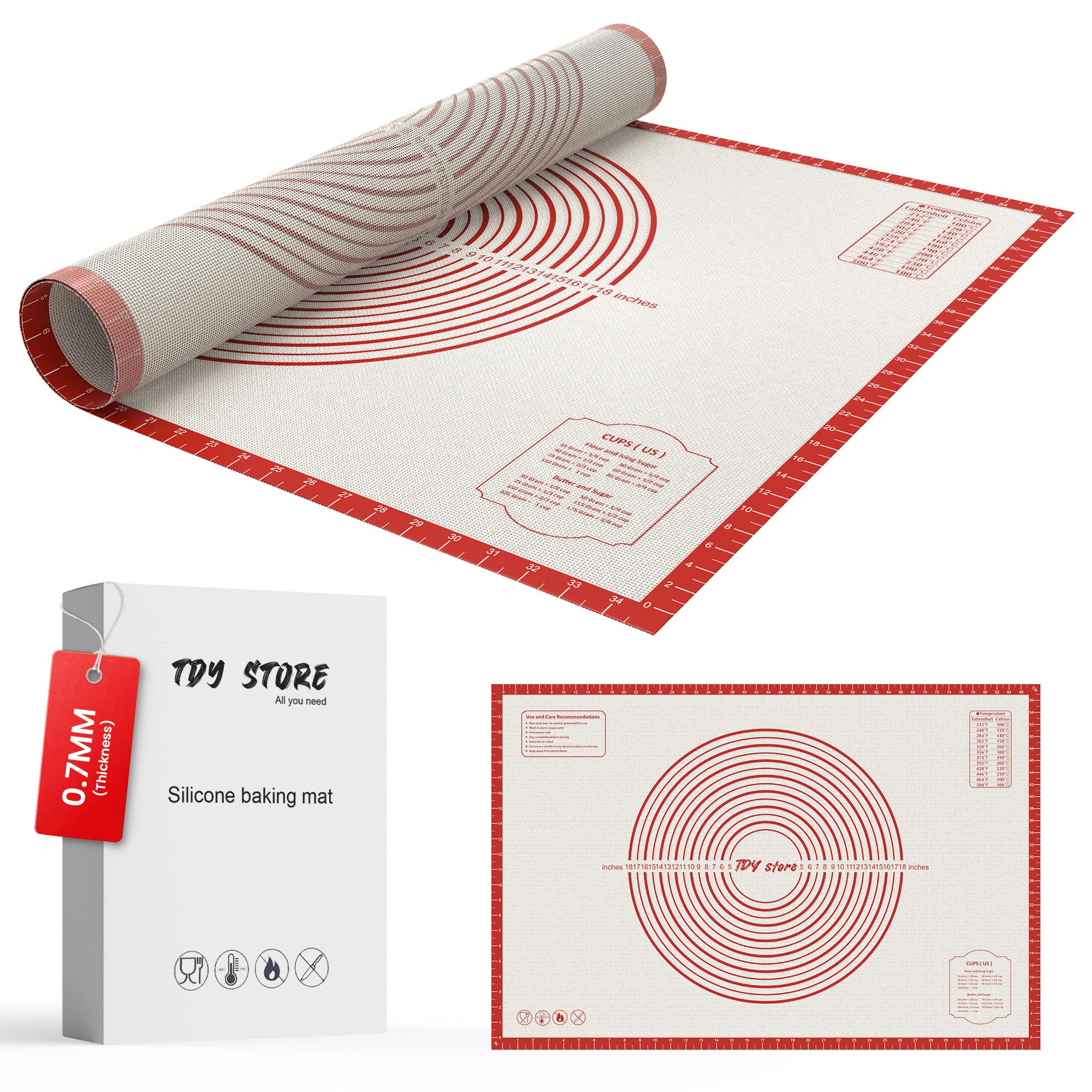 28 * 20 inches Red, Non-Slip Silicone Baking Sheets - Baking Mat with 0.7mm Thickness - Non-Stick Pastry & Cookie Mat for Kitchen Counter for Rolling Out Dough with Measurements.