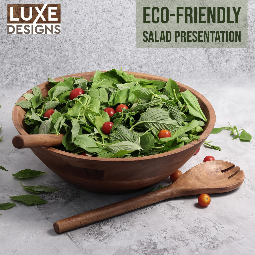 Luxe Designs Wooden Salad Bowl Set - Food Safe & Sustainable Decorative Bowl - Wood Bowl for Fruits, & Salads - Easy to Clean Large Salad Bowls Set w/Spoon, Fork – Wooden Bowls for Food