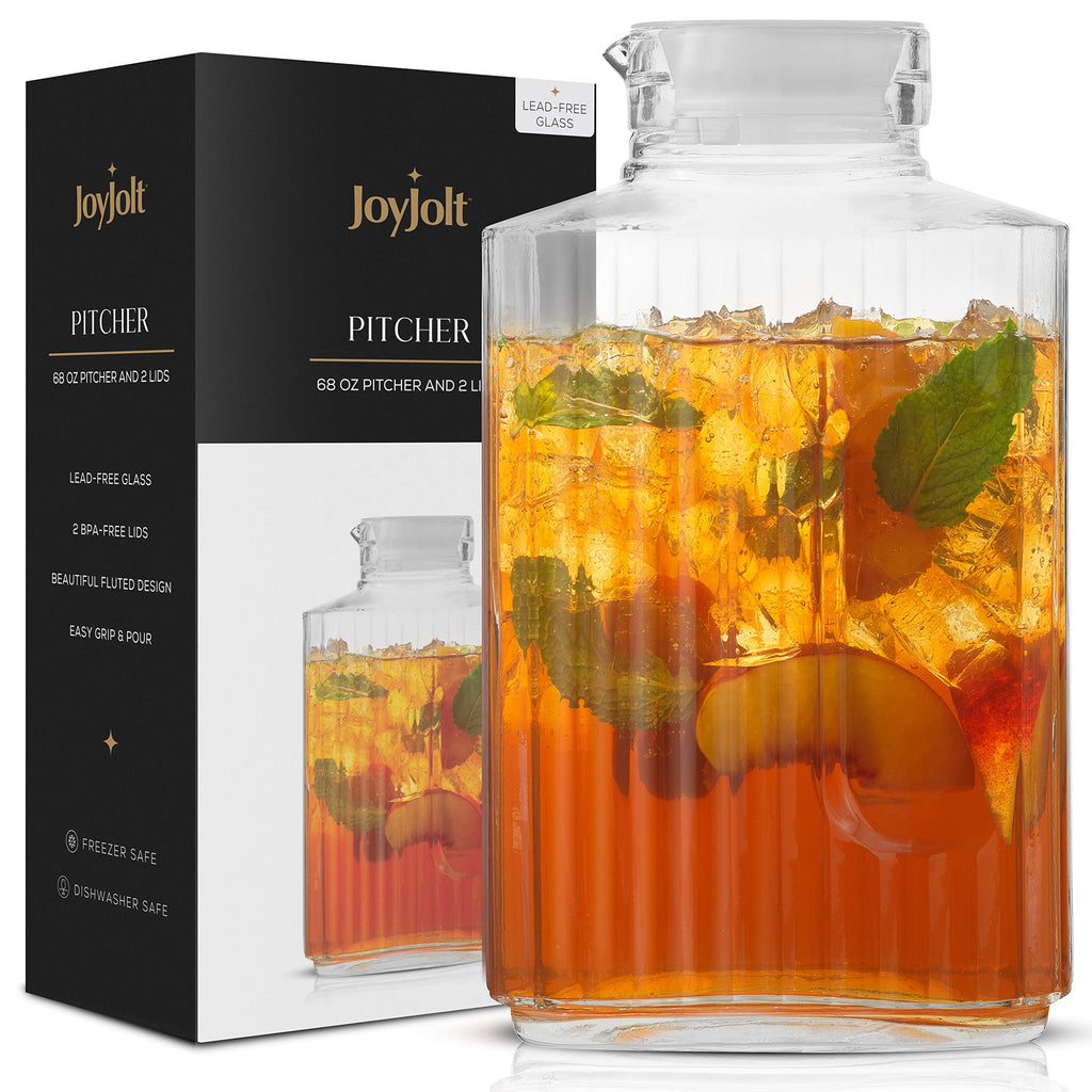 68oz Glass Pitcher with Lid (2 Lids), Rectangle Beverage Serveware and Storage Container for Cold Drinks and Liquids, Water Containers, 2 Quart Pitcher with Lid for Kool Aid and Lemonade