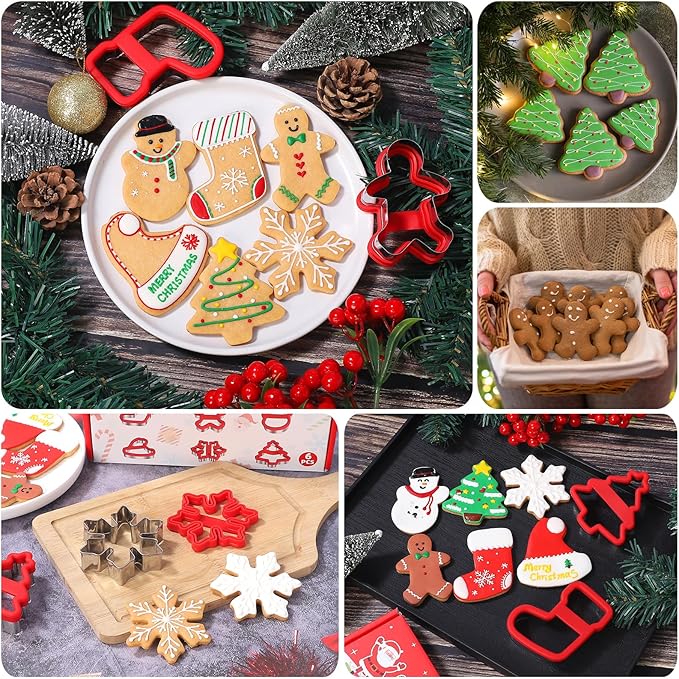 Christmas Cookie Cutters, 6 Pcs Winter Holiday Cookie Cutter Set, Stainless Steel Cookie Molds with Comfort Grip - Christmas Stocking, Snowman, Christmas Tree, Gingerbread Man, Santa Hat, Snowflake
