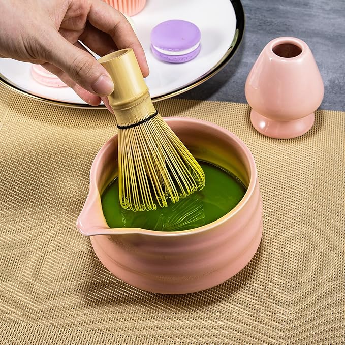 Marce Matcha Whisk Set- Matcha Set includes Matcha Whisk and Bowl with Spout, Sifter, Holder and Scoop- The Perfect Bamboo Whisk for Matcha Tea (Pink)