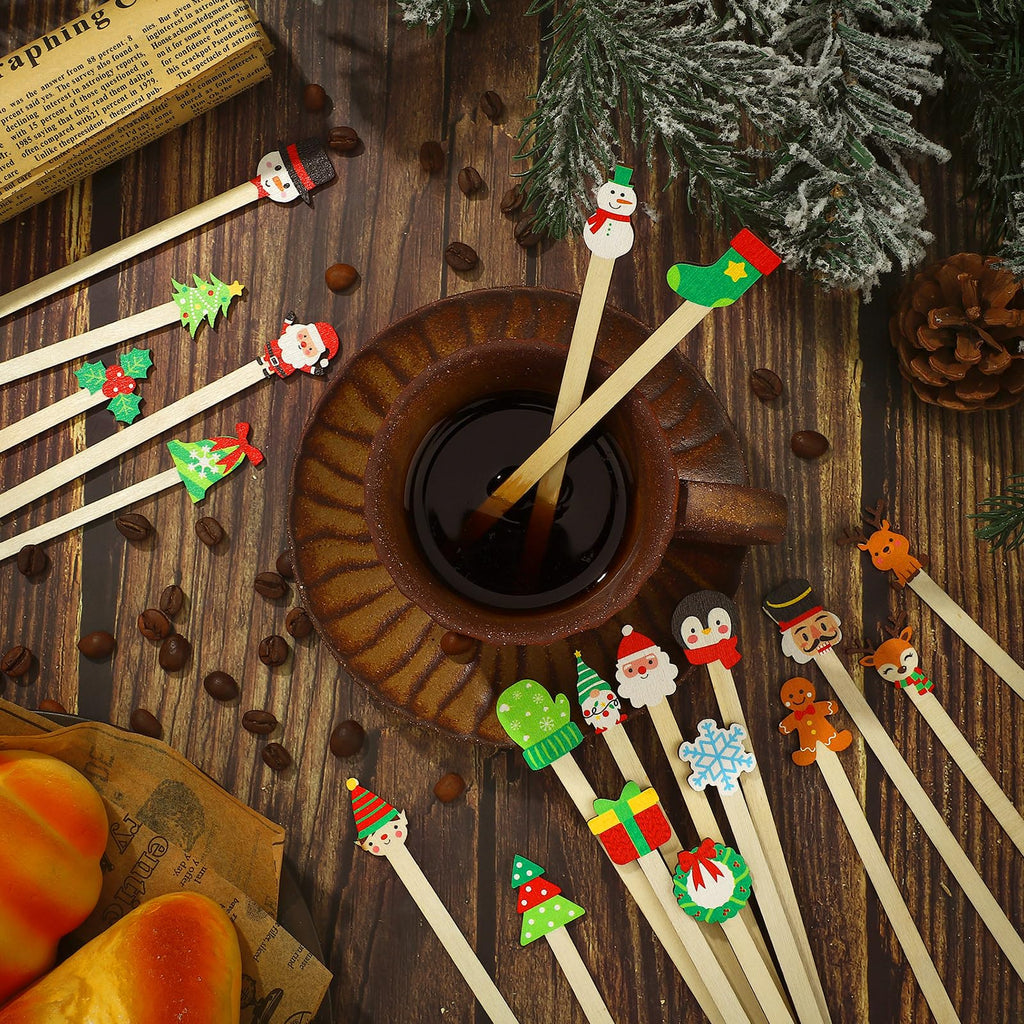 Mifoci 100 Pcs Christmas Wooded Coffee Stirrers Wood Cocktail Coffee Stir Sticks Disposable Stirring Sticks for Beverage Chocolate Hot Drink Party Supplies, 20 Styles (Vibrant Style)