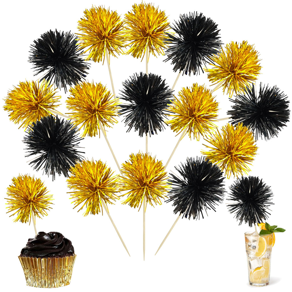 Ephlyn 30Pcs Foil Firework Cupcake Toppers Sparkle Tinsel Cupcake Picks Happy Birthday Cake Decorations Drink Stirrers Cocktail Food Toothpicks for Baby Shower Graduation Party Supplies Black Gold