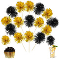Ephlyn 30Pcs Foil Firework Cupcake Toppers Sparkle Tinsel Cupcake Picks Happy Birthday Cake Decorations Drink Stirrers Cocktail Food Toothpicks for Baby Shower Graduation Party Supplies Black Gold